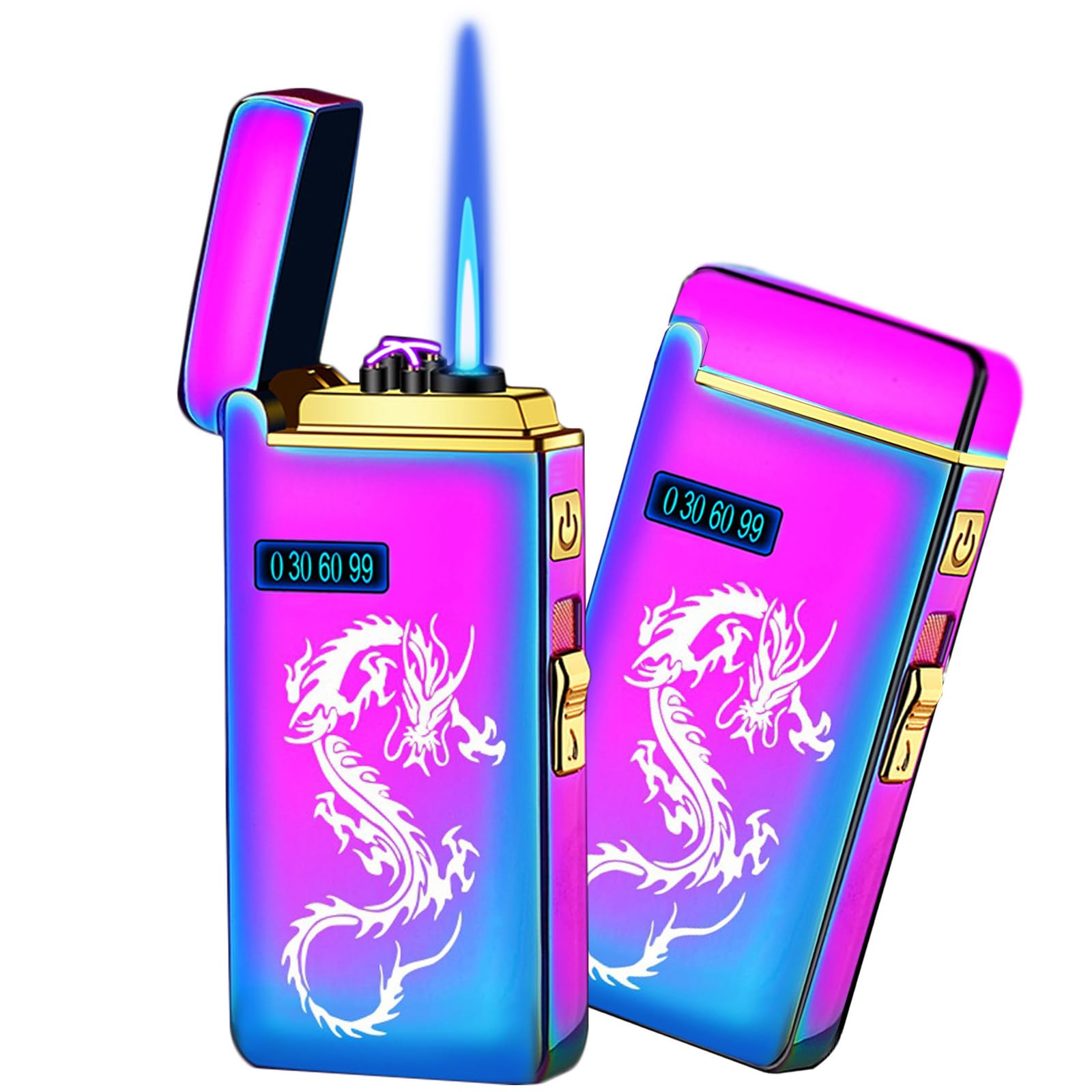 Electronic Lighter Jet Flame Torch Lighters 2 in 1, Refillable Butane Electric USB Rechargeable, Premium Windproof with LED Display Power Infinity for BBQs,Candle,Camping (Color ice Dragon)