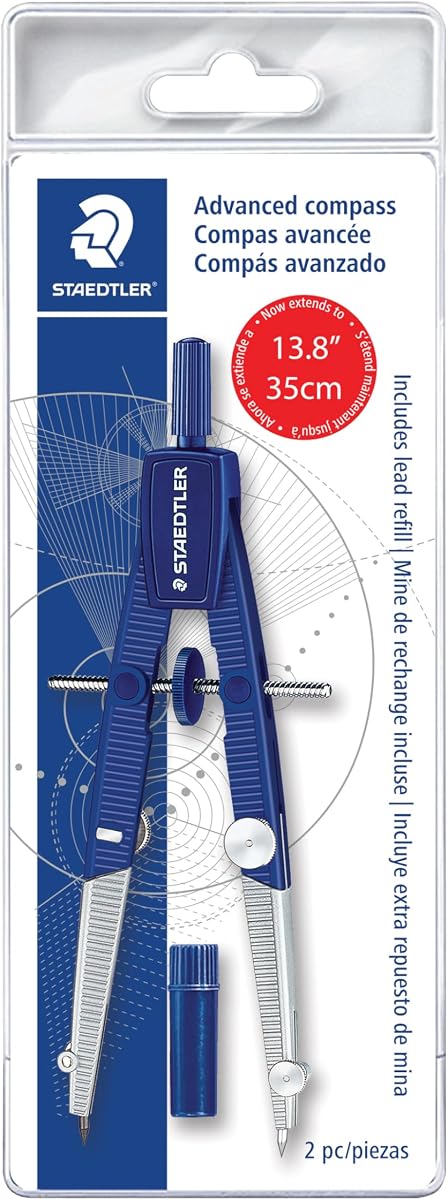 Advanced Student Compass 2 Piece Set - Metal Compass with Quick-Set Center Wheel, Universal Adapter & Spare Lead, Draws Circles up to 10.25"