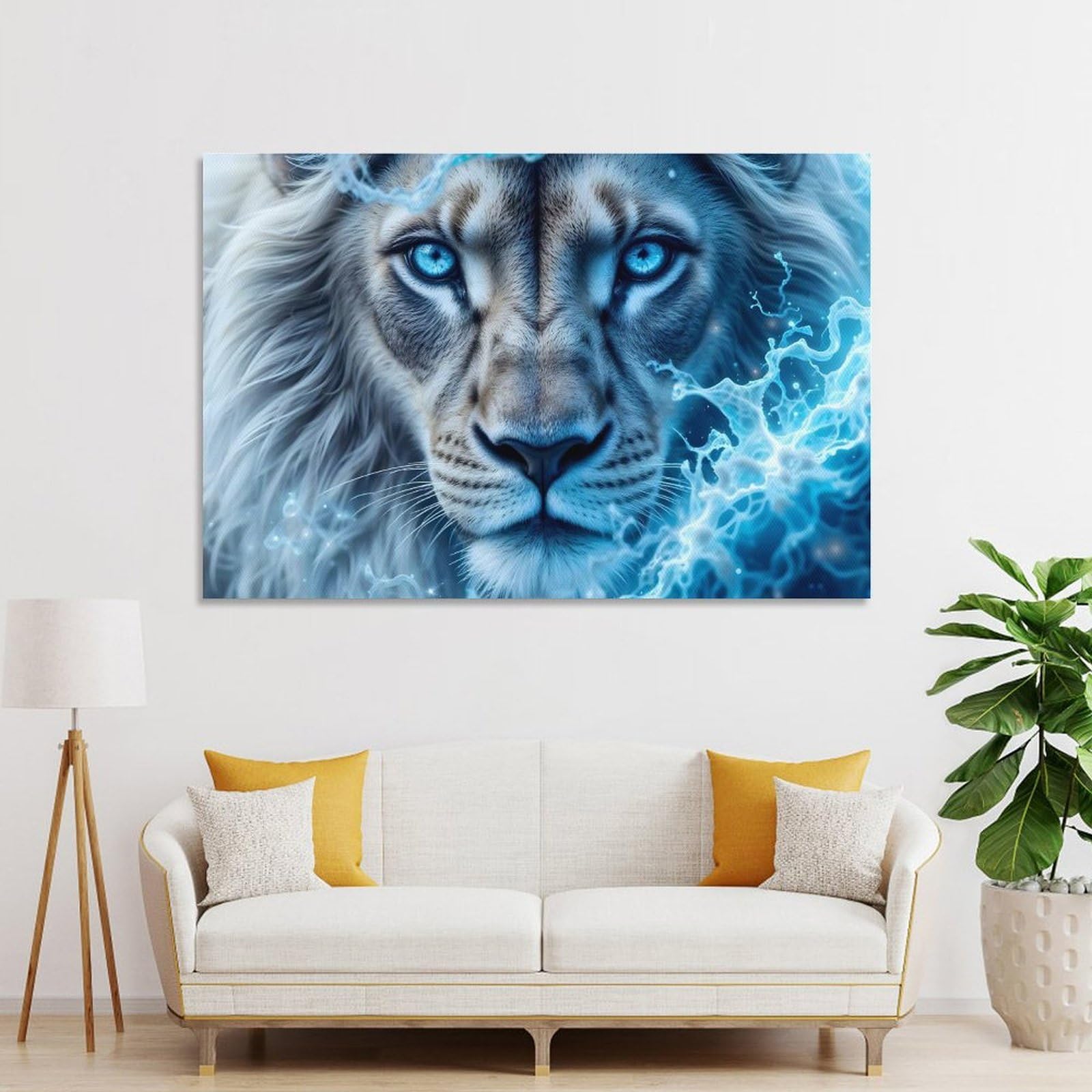 Junmoney White Lion with Blue Water Wall Decor Canvas Print, 20x30inch(50x75cm), for Living Room, Bedroom, Office Or Hallway, Stylish Home Artwork for Focal Walls