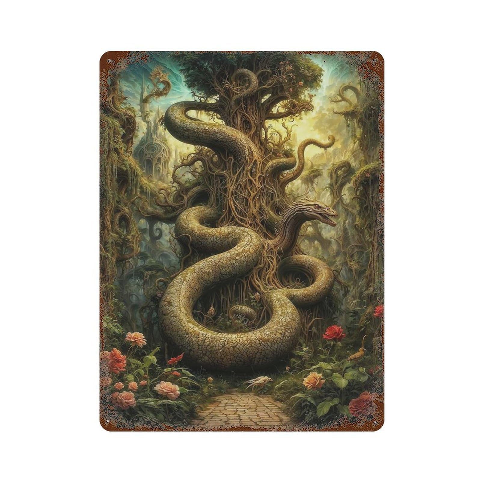 Serpent Tree Guardian in Eden Garden Aged Metal Wall Plaque 15.7"x11.8", Ideal for Patio, Garden Room And Bar Decor