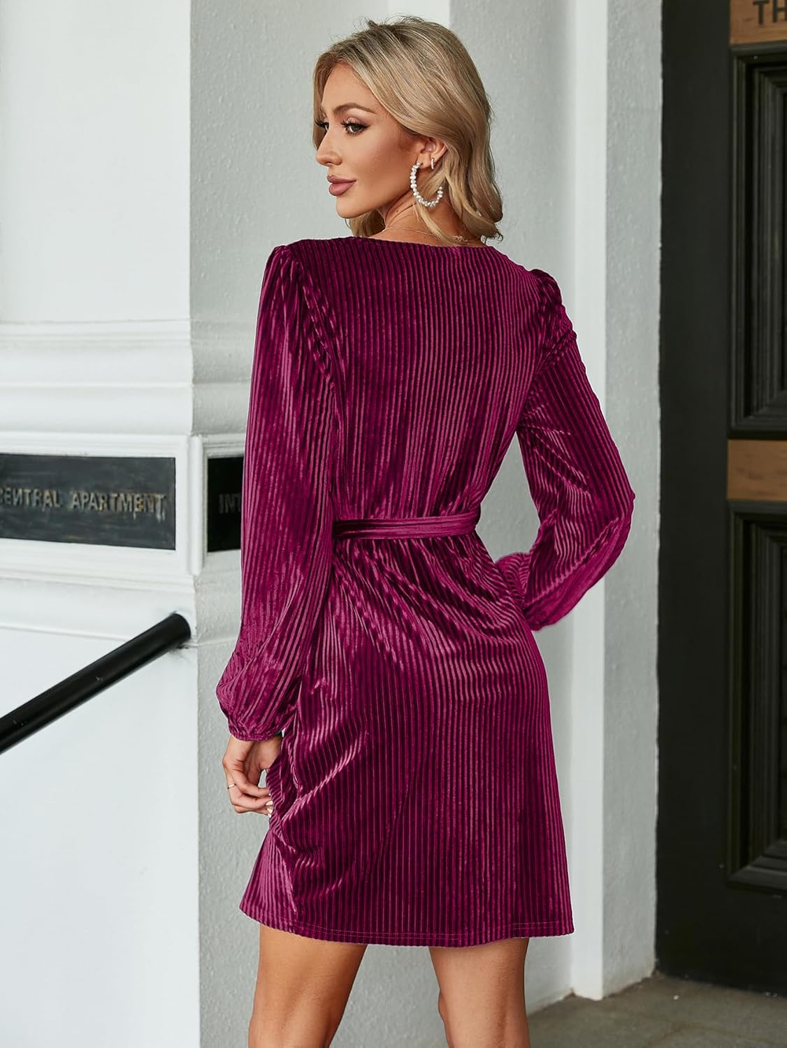 BerryGo Women's Long Sleeve Wrap Semi Formal Velvet Mini Dress Sexy Cocktail Party Winter Club Dress - Image 7