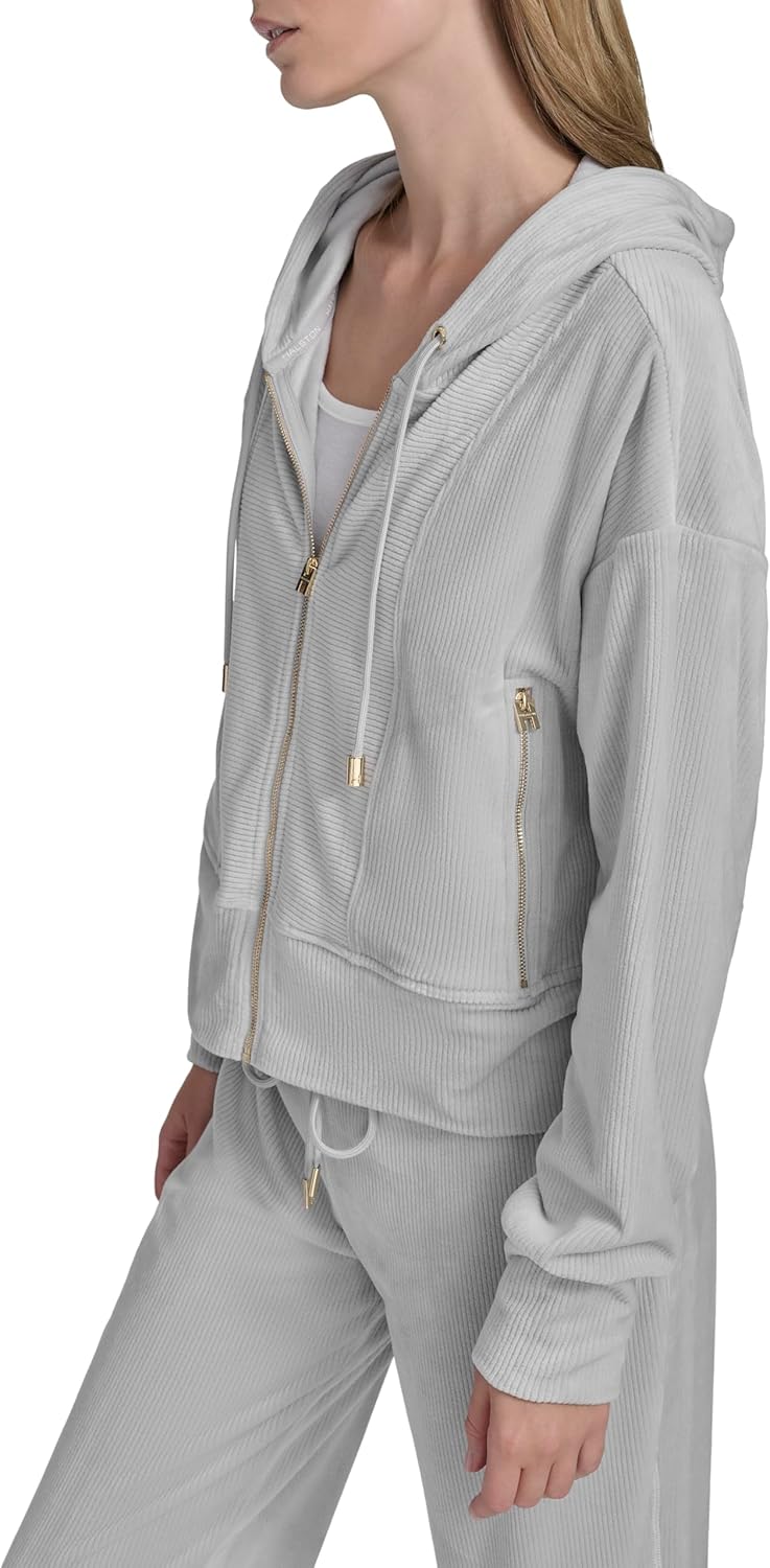 H HALSTON womens Velour Hoodie Zip Up Jacket