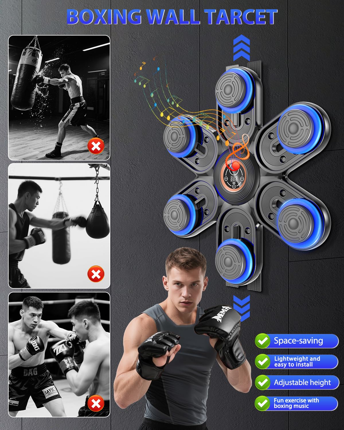 Holilo Máquina de Boxeo Musical, Maquina Boxeo Musical Pared con LED y Bluetooth, 9 Modos de Velocidad y Entrenamiento, Contador de Golpes, Guantes para Adultos y Niños