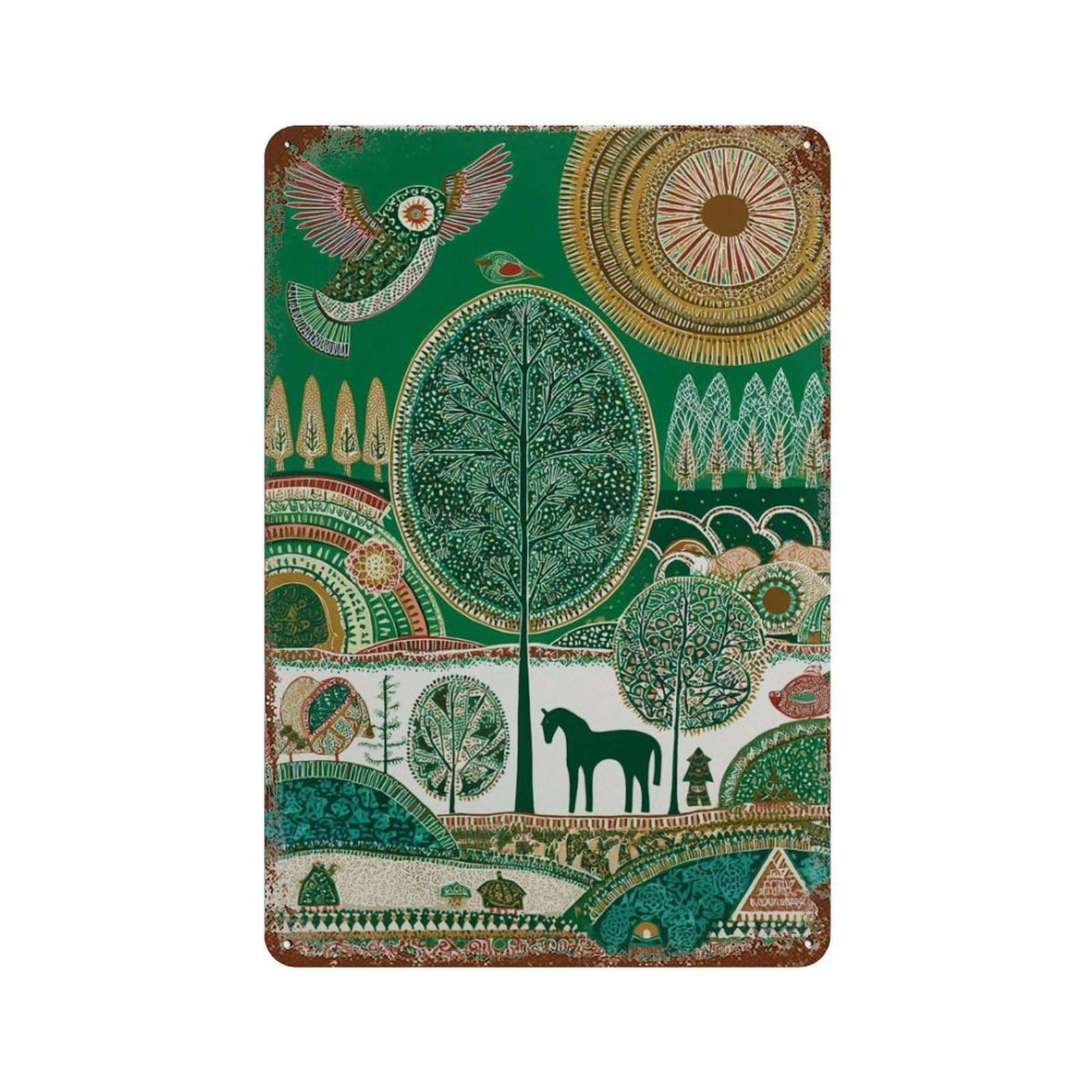 xiaoxiaoshen Folk Forest Colorful Nature Scandinavian Whimsical Woodland Modern Boho Home Wall Decor Art Metal Tin Poster Modern Home Decor Art Home Bar Shop Decorations Vintage Sign 30x20cm