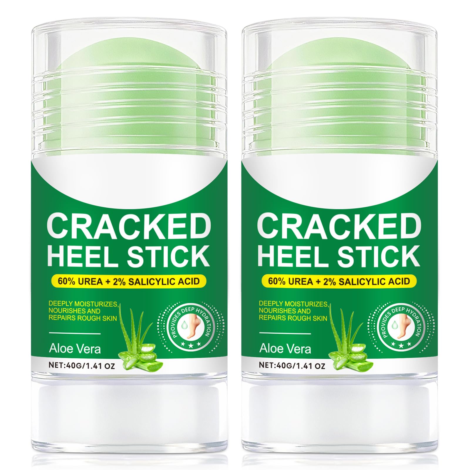 60% Urea Cream with 2% Salicylic Acid & Aloe vera Cracked Heel Stick, Long-lasting Moisture, Repair Cracked Heels, Deep Moisturizing Heel Balm with Aloe Vera, Coconut Oil, Tea Tree Oil, 1.41 oz / 2PCS