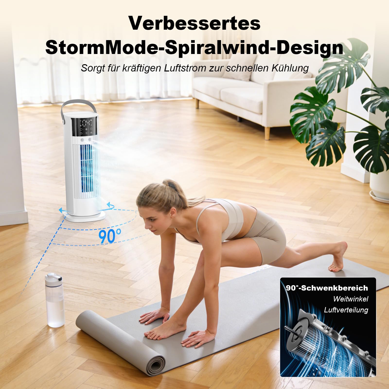 Mobile Klimaanlage 4-in-1 Luftkühler mit Wasserkühlung, 900ml Tank, 3 Gebläsestufen, 90° Oszillation, LED-Display, Leise