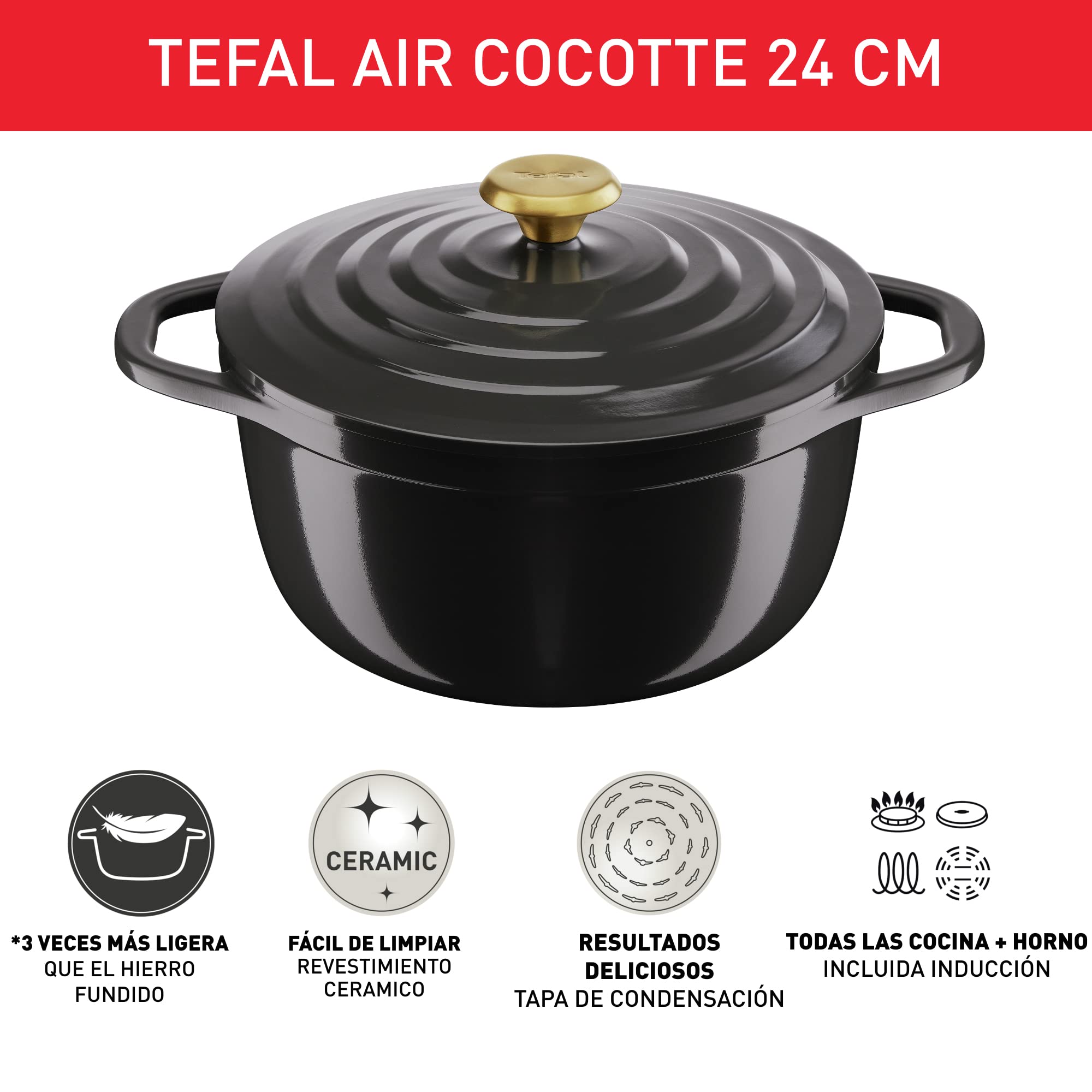 Tefal Cocotte Air 24 cm - cazuela de aluminio fundido de 4,7 L de capacidad, revestimiento cerámica, resultados tiernos, apto para horno y cocinas convencionales, incluso inducción, apto lavavajillas