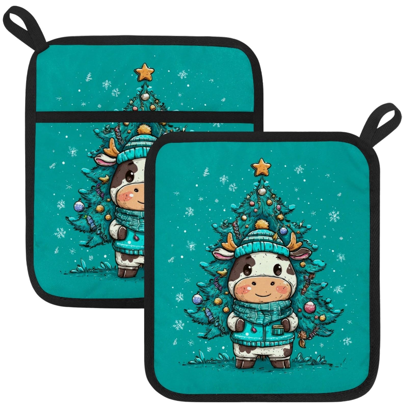 VAPOKF Cute Cow Heat Resistant Pot Holders, Thick Pot Holders Pad with Hanging Loop for Kitchen, Oven Cloth Pads for Kitchen Baking Microwave Oven