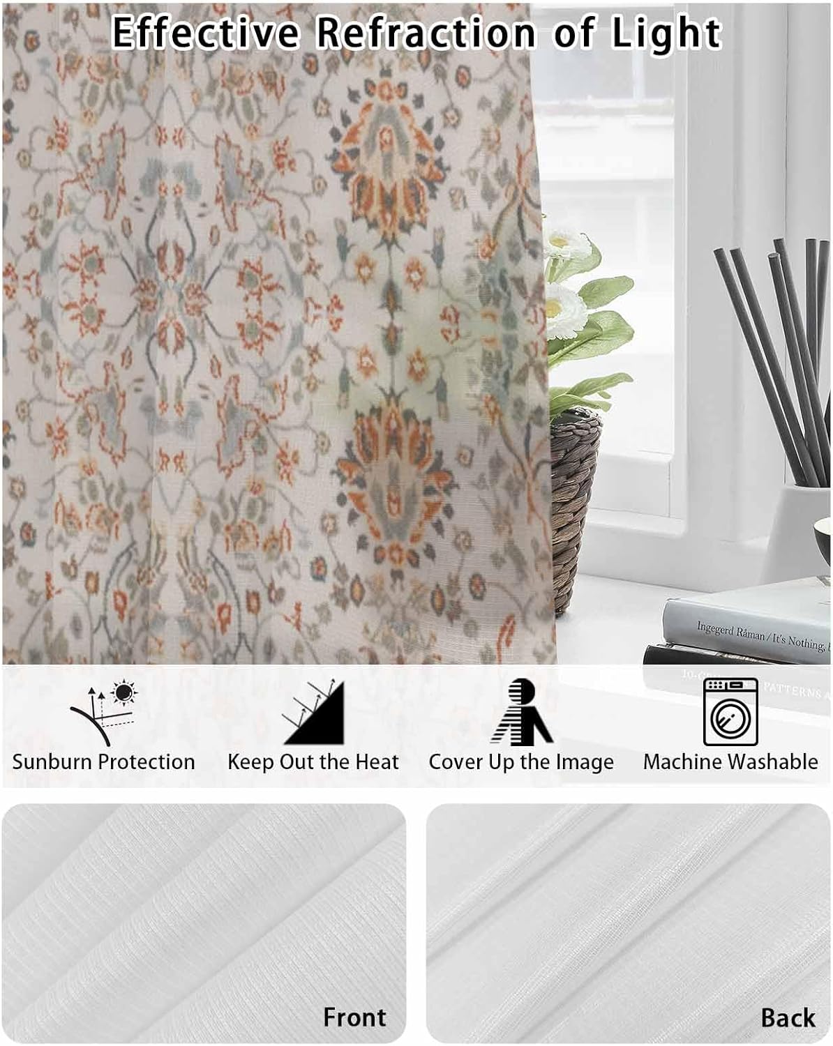 Boho Flower Outside Curtains Waterproof With Tiebacks Bottom And Top Grommets, Privacy Patio Drape Sunlight Blocking Shade Drapery For Porch Balcony Vintage Ethnic Mandala Floral Boho 54"x108"