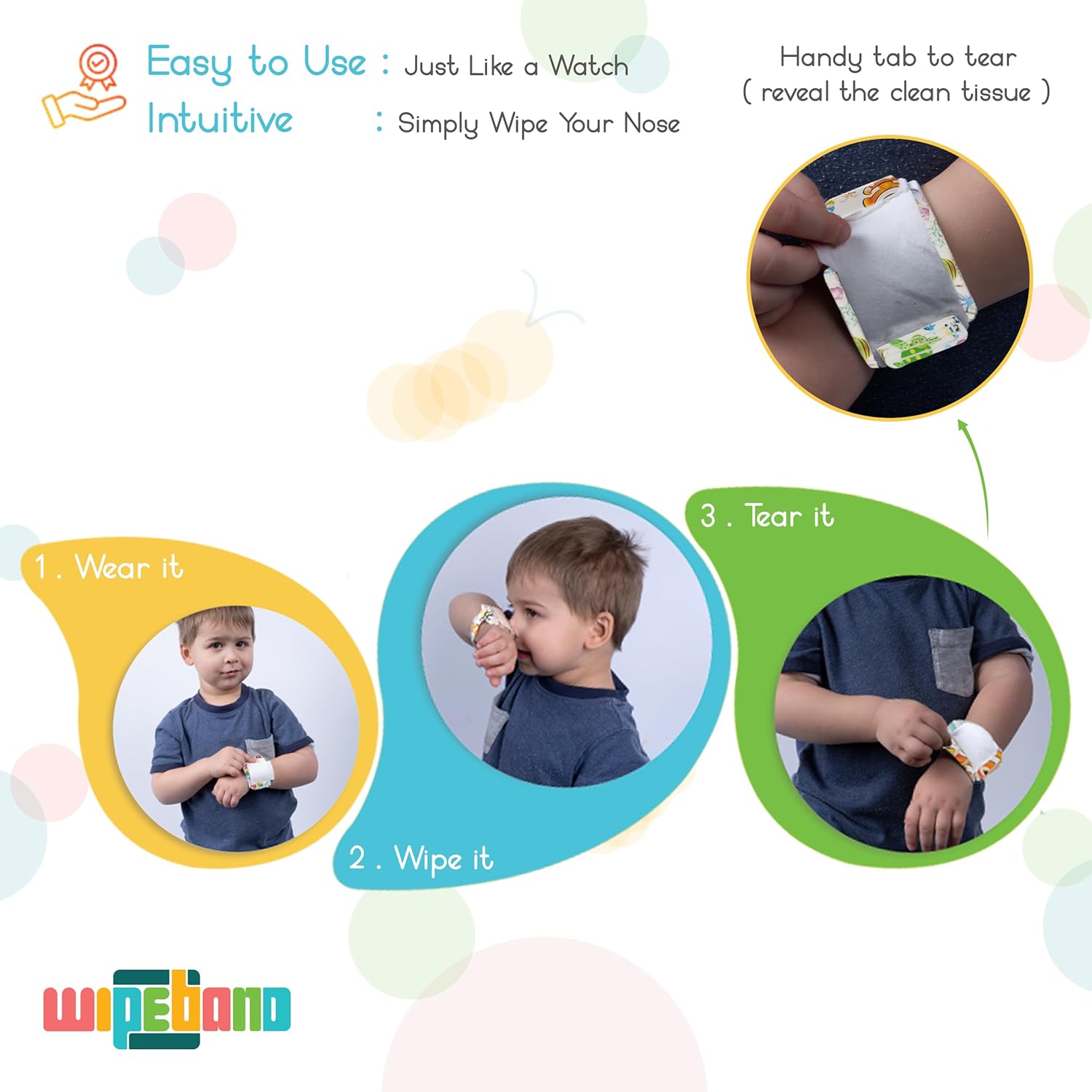 ワイプバンド ノーズワイプ | キッズウェアラブルブレスレット 鼻組織内蔵 | 柔らかい6層ラミネートティッシュ | 便利で衛生的