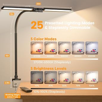 SIBRILLE Upgraded LED Desk Lamp for Home Office with RGB, Rotatable Computer Desk Light with Remote, Tall Table Lamp with Clamp for Working, Dimmable Dual Head Task Lighting for Monitor PC, 22W