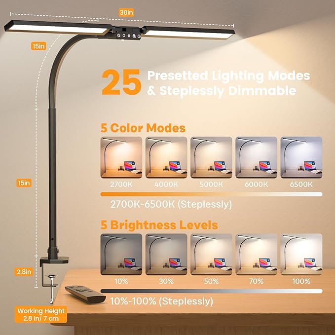 SIBRILLE Upgraded LED Desk Lamp for Home Office with RGB, Rotatable Computer Desk Light with Remote, Eye Caring Table Lamp with Clamp for Study, Dimmable Dual Head Desk Lighting for Monitor PC, 22W photo 3