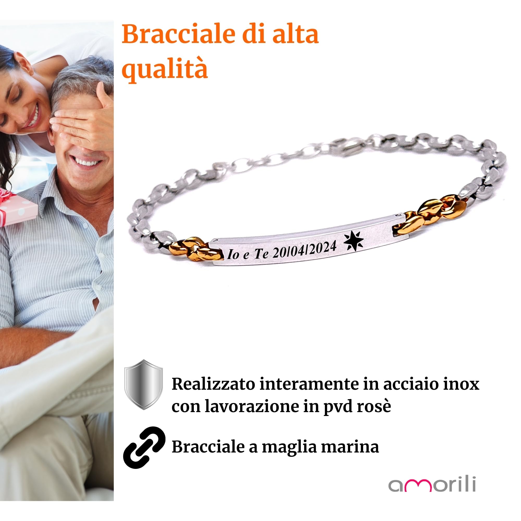 Bracciale Uomo Personalizzato in Acciaio Inox Maglia Marina con Incisione | Braccialetto Maschile Elegante Regolabile | Gioiello Personalizzabile Idea Regalo per Lui bcc3114