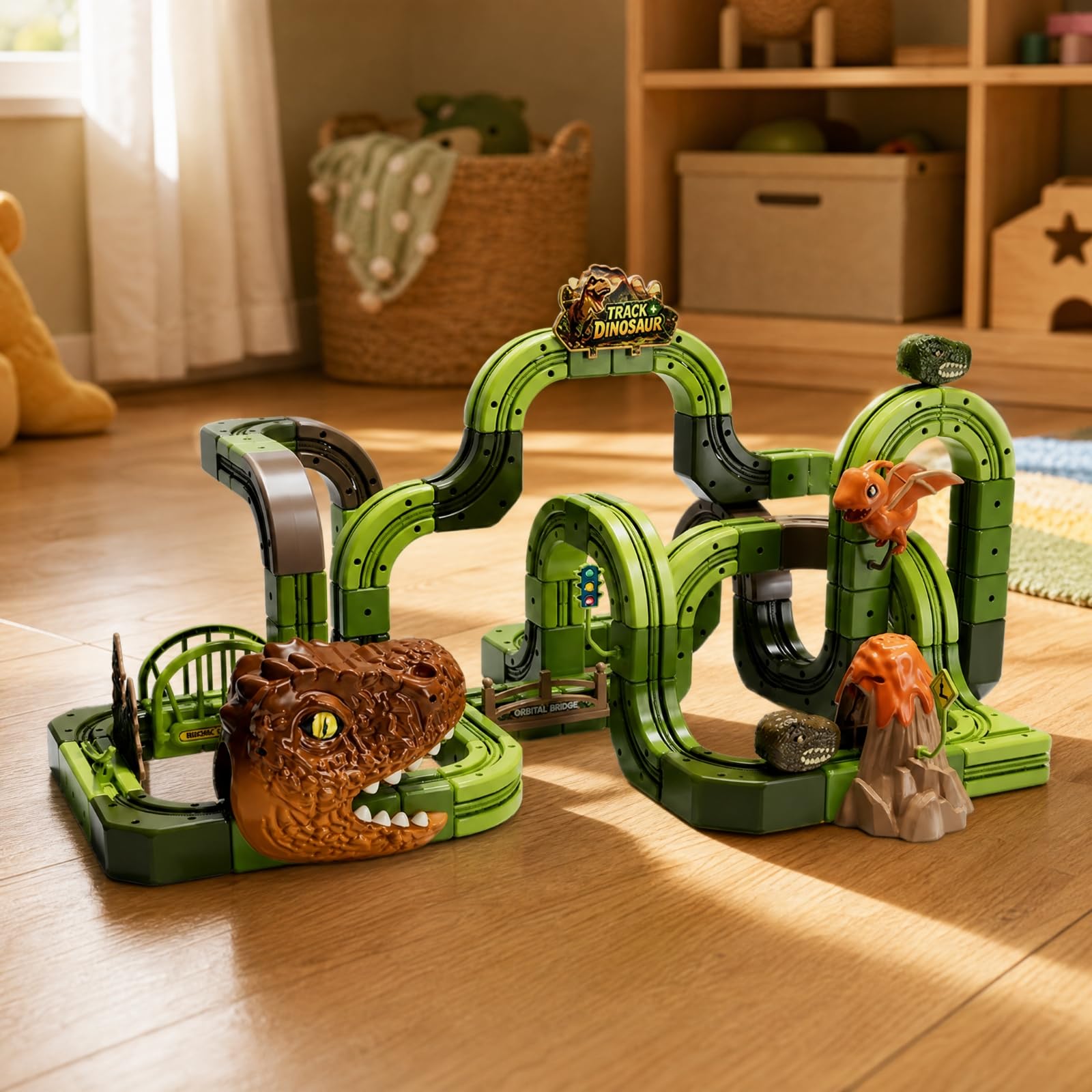 Pista Elettrica -Tema Tema Dinosauri Educativo Pista Modulare con Macchina Motorizzata STEM Giocattolo da Costruzione per Gioco Indipendente