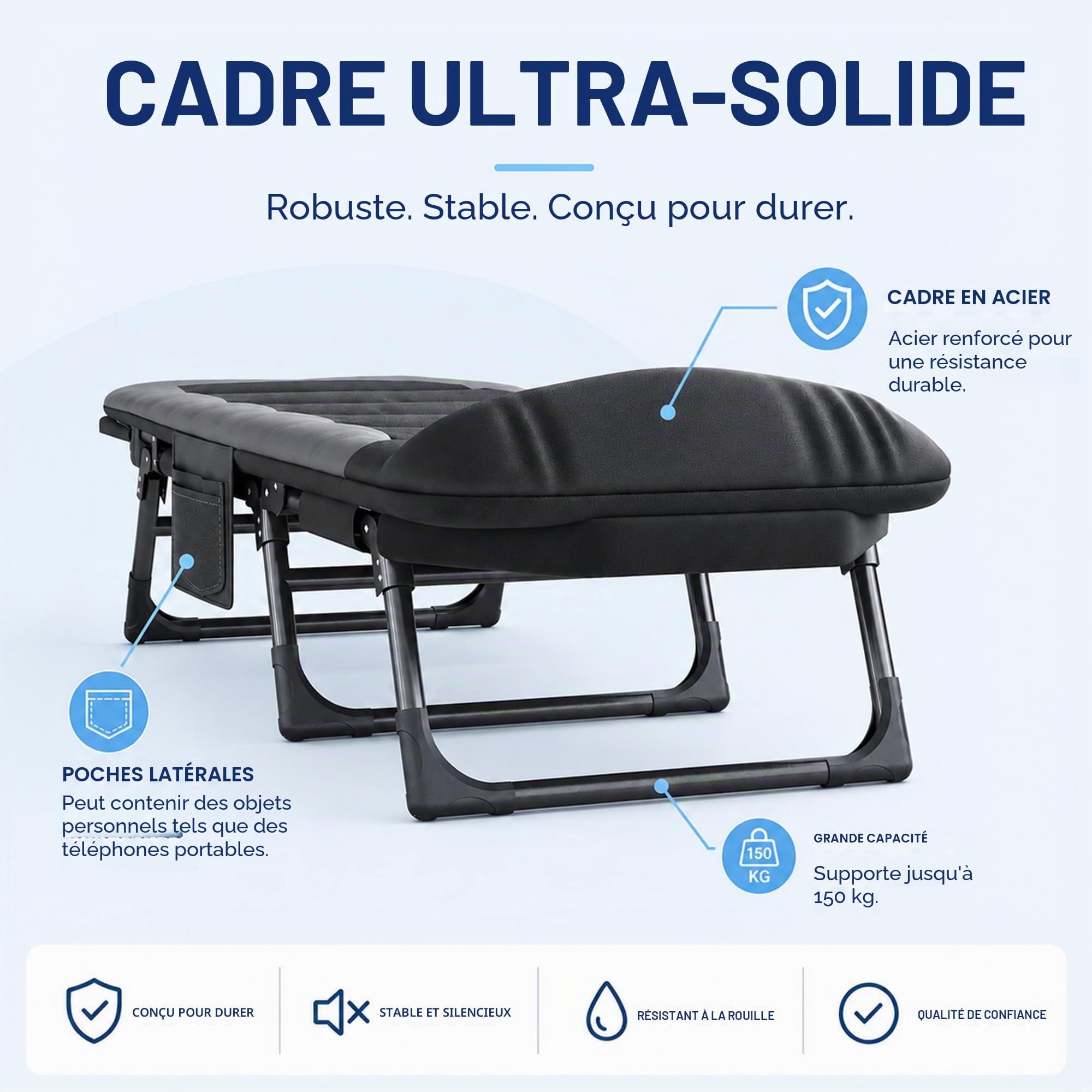 Lit de Camping Pliable 1 Personne XXL, Chaise de Camping Extra Large, 190 x 65 x 30 cm, 6 Dossiers Réglables, Charge Jusqu'à 150 kg - pour Intérieur, Extérieur, Jardin, Pêche