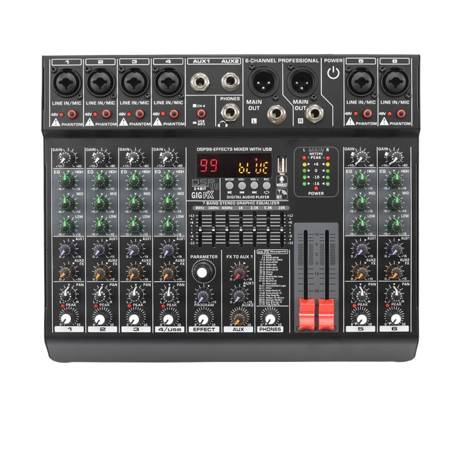 Audiomixer 6 Kanäle Audio DJ Mixer Individuelle 48V 2 AUX Ausgang Mischpult 99 Effekte USB Play Sound Mix Table