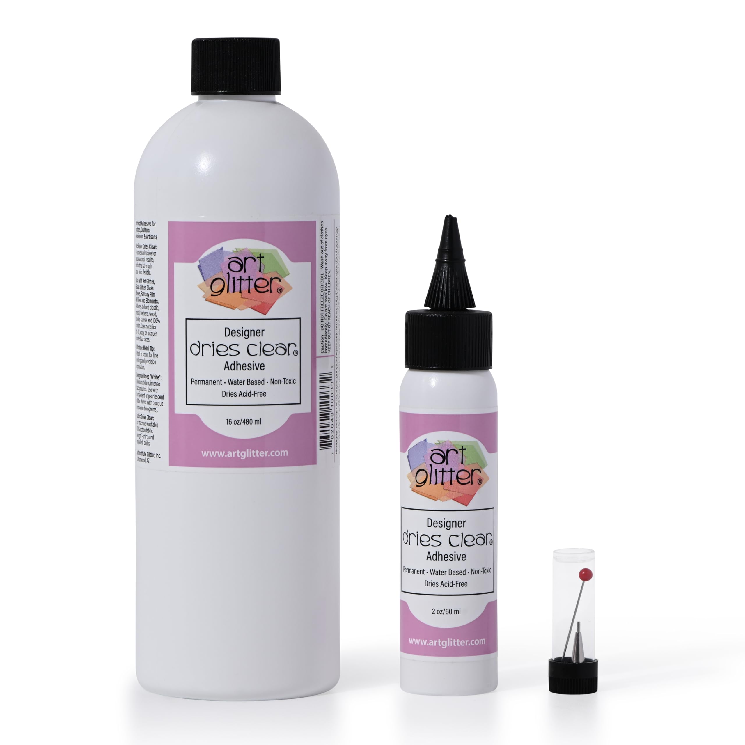 Art Institute Glitter Designer Dries Clear Glue Kit – 16oz & 2oz Bottles with Ultra Fine Metal Tip and Pin