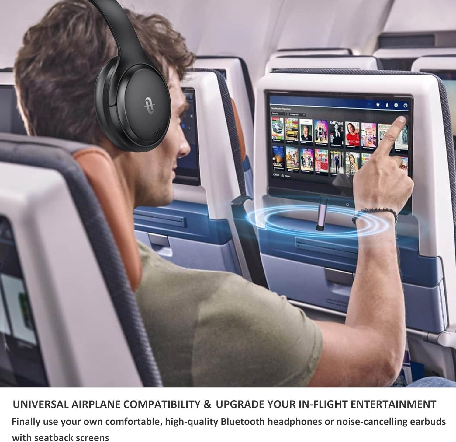 Person using Airfrex Bluetooth Transmitter on an airplane