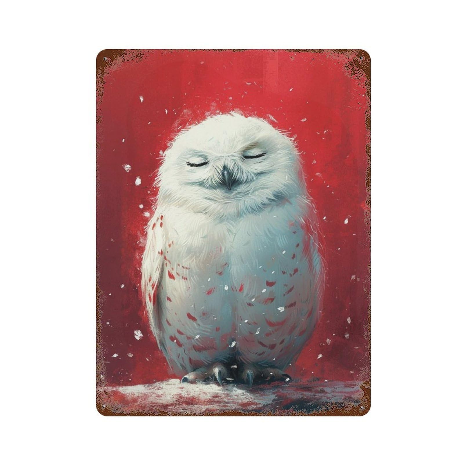 Rustic Tin Plaque Snowy Owl Winter Art Print 15.7"x11.8", Vintage Wall Decor for Pub, Kitchen And Man Cave Decor