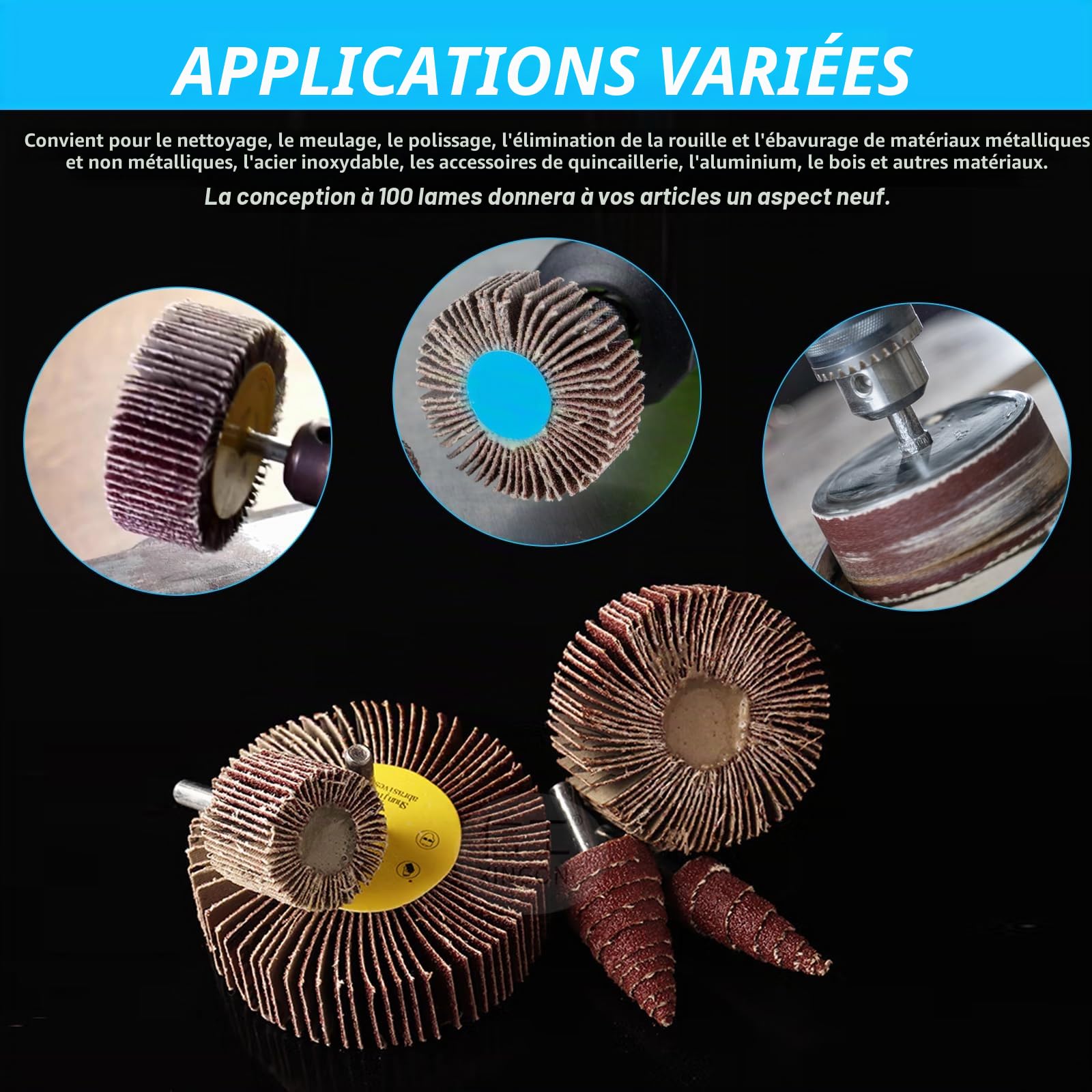 Lot de 32 roues à lamelles pour perceuse à lamelles grain 80 - Pour visseuse sans fil - Meuleuse droite - Disque de polissage pour dérouillage (8 diamètres/2 styles)