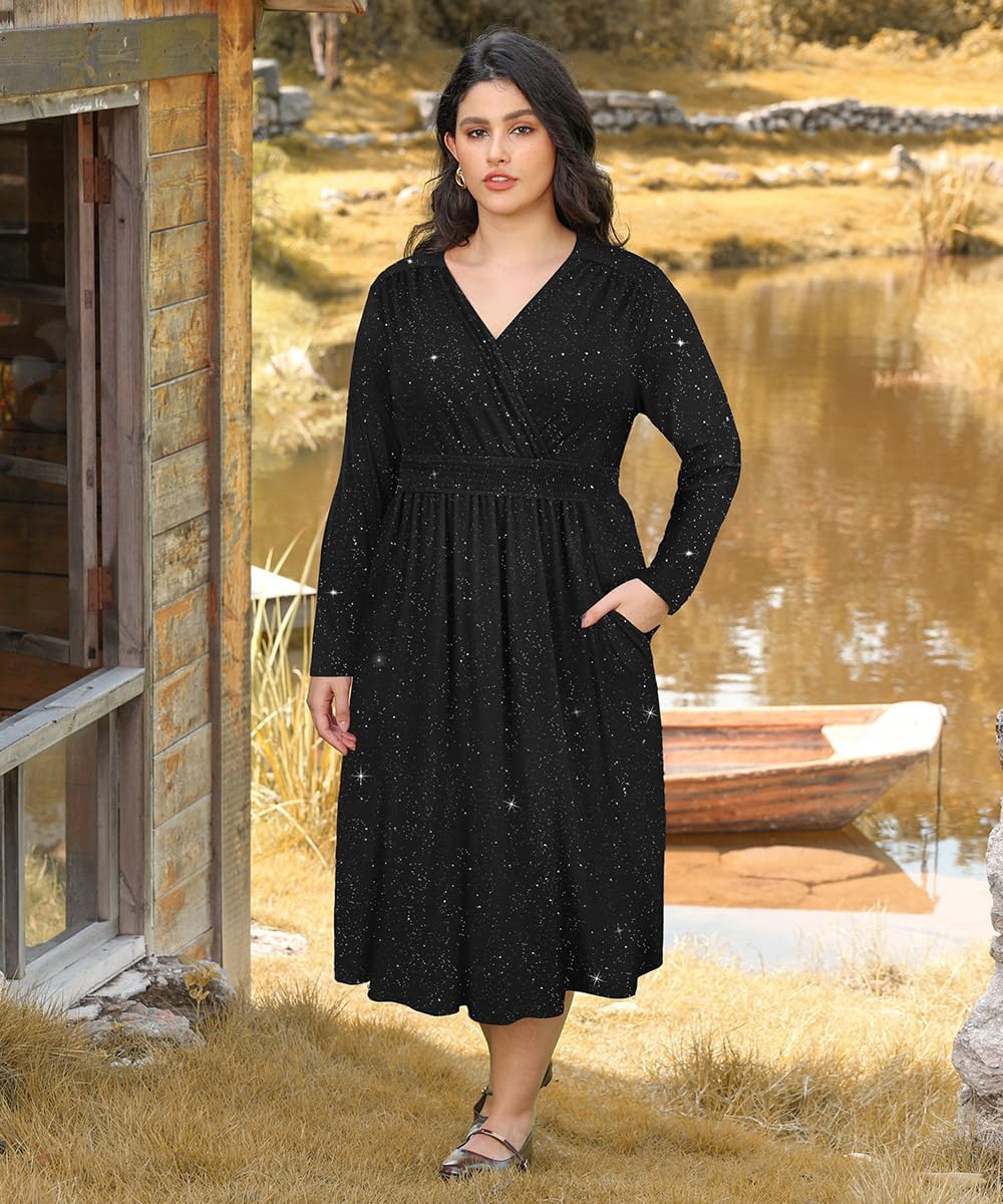 CARCOS Plus Size Dresses for Curvy Women V Neck Fall Maxi Dress Long Sleeve Floral Boho Dress Smocked Waist Party Dress - Image 2