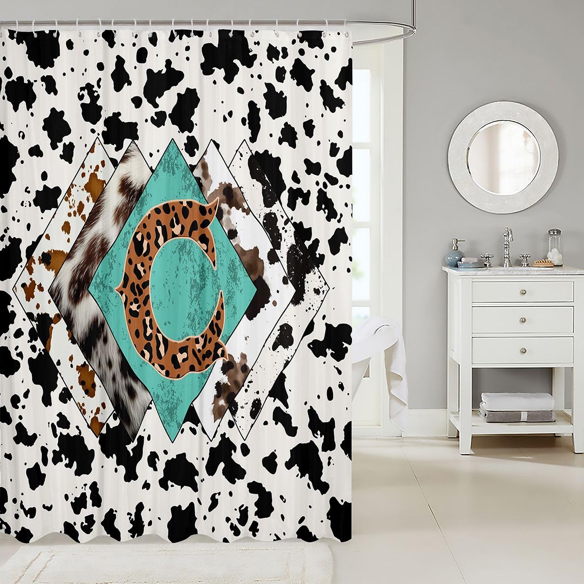Rideau de douche lettre C taille L léopard monogramme alphabet imprimé cuir de vache rideau de bain pour adultes style rustique rustique rideaux de bain imperméables avec 12 crochets pour baignoire