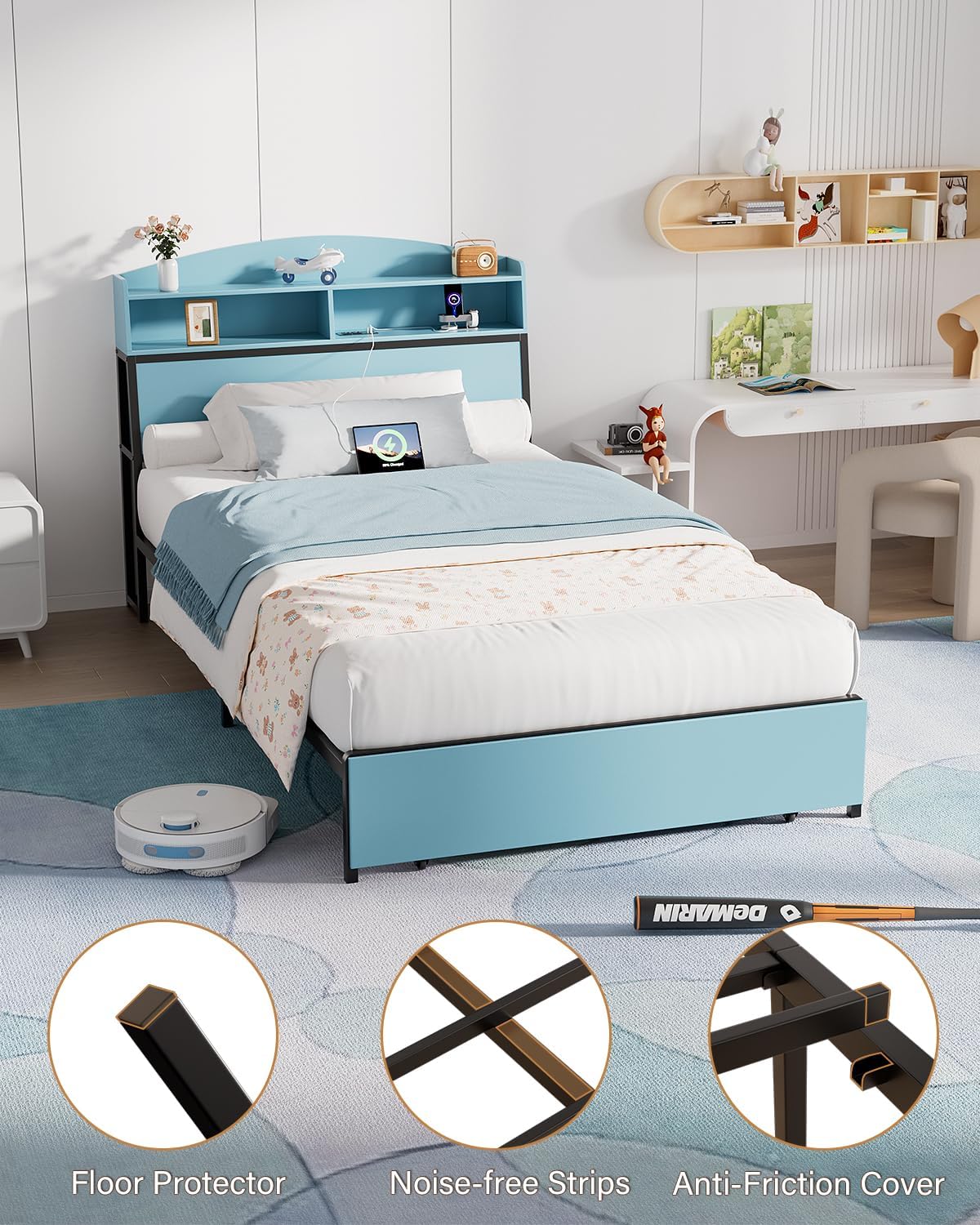 Twin Bed Frame with Storage Headboard & Drawer, 3-in-1 Charging Station, Sturdy Metal Frame, No Box Spring Needed, Noise-Free, Non-Slip Design – Ideal for Kids, Teens, or Guest Room (Blue & Black)