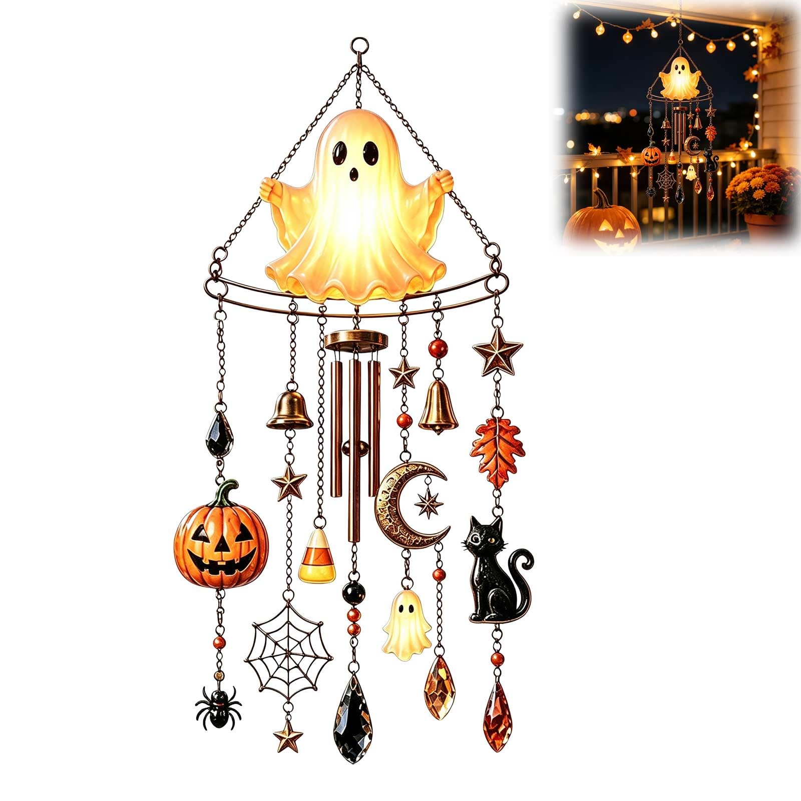 Glow-in-the-Dark Halloween Wind Chime, Ghost Wind Chimes for Garden with LED lights, Ghost Windchimes for Garden with Hanging Bells, Unique Halloween Decorations for Porch Patio Tree Yard
