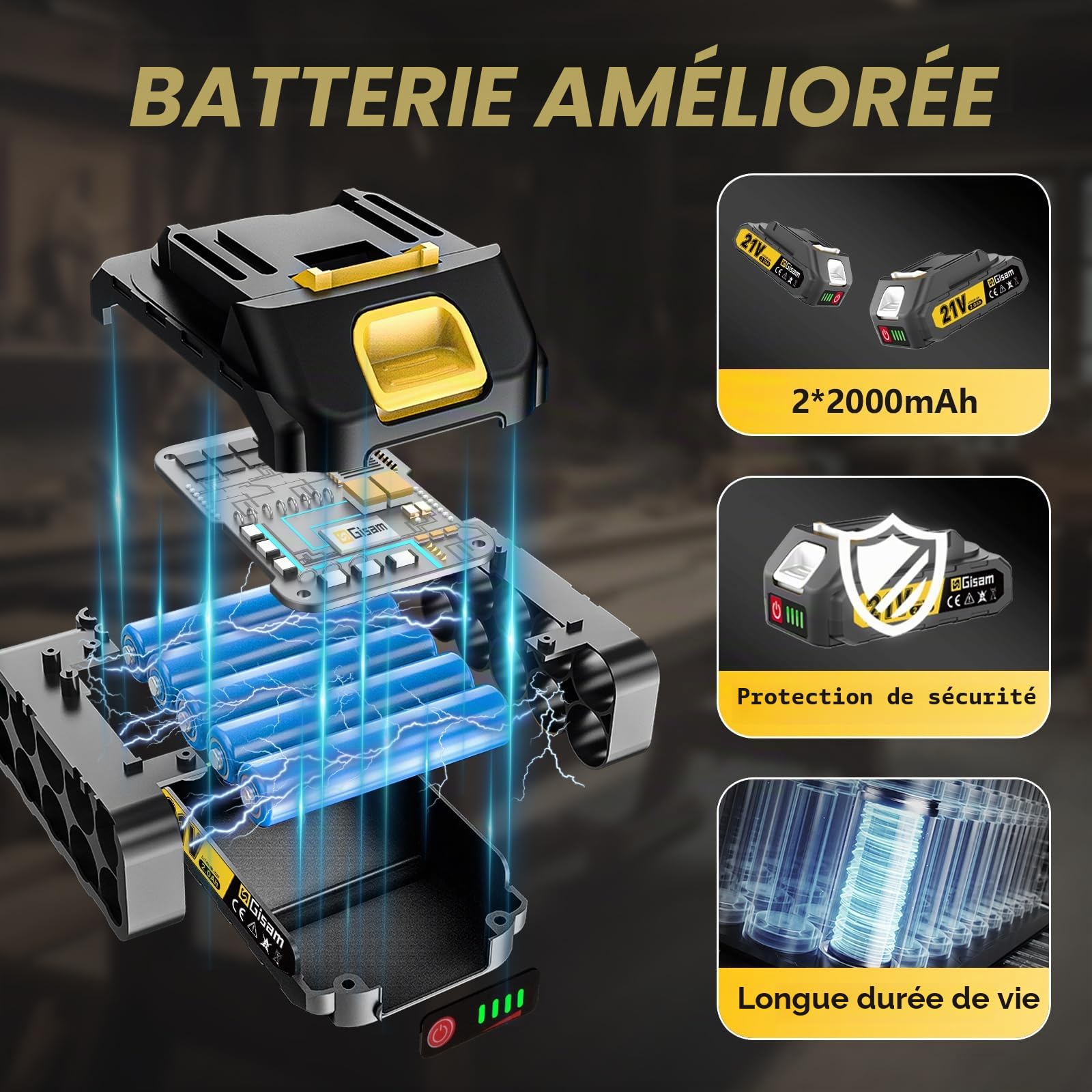 Gisam Scie Sabre sans fil 21V, 3500 spm, Moteur sans Balais Silencieux, 2 Batteries de 4,0 Ah et 8 Lames de Scie, Scie éLectrique à Queue de Renard pour Bois, MéTal, Pvc