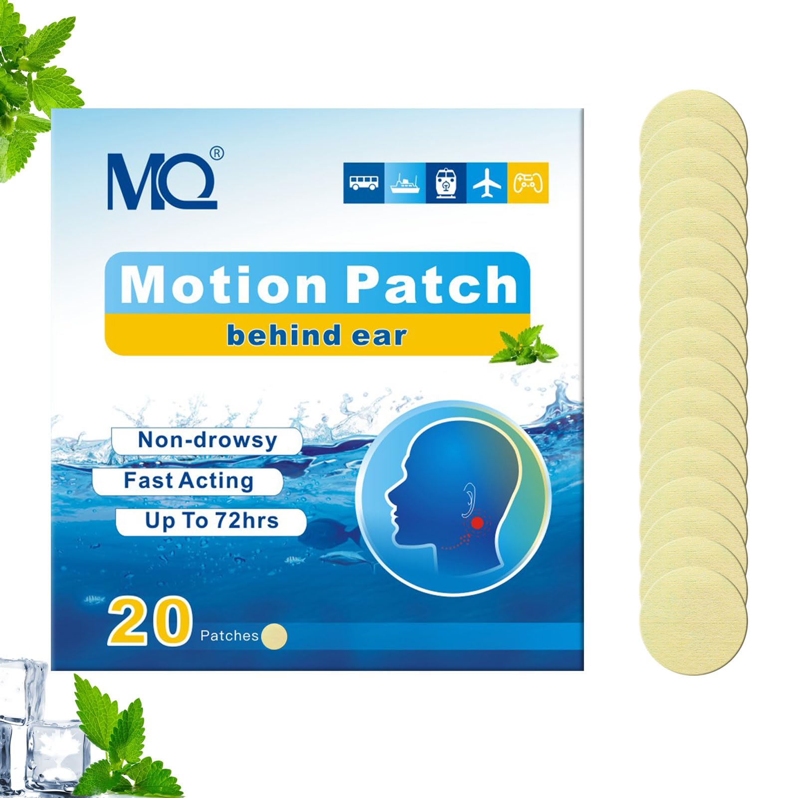 MQ20ct Motion Sickness Patches, Light Color, Sea Sickness Patches Non Drowsy & Waterproof, Cruise Ship Travel Essentials, Fast Acting & Long Lasting 72H