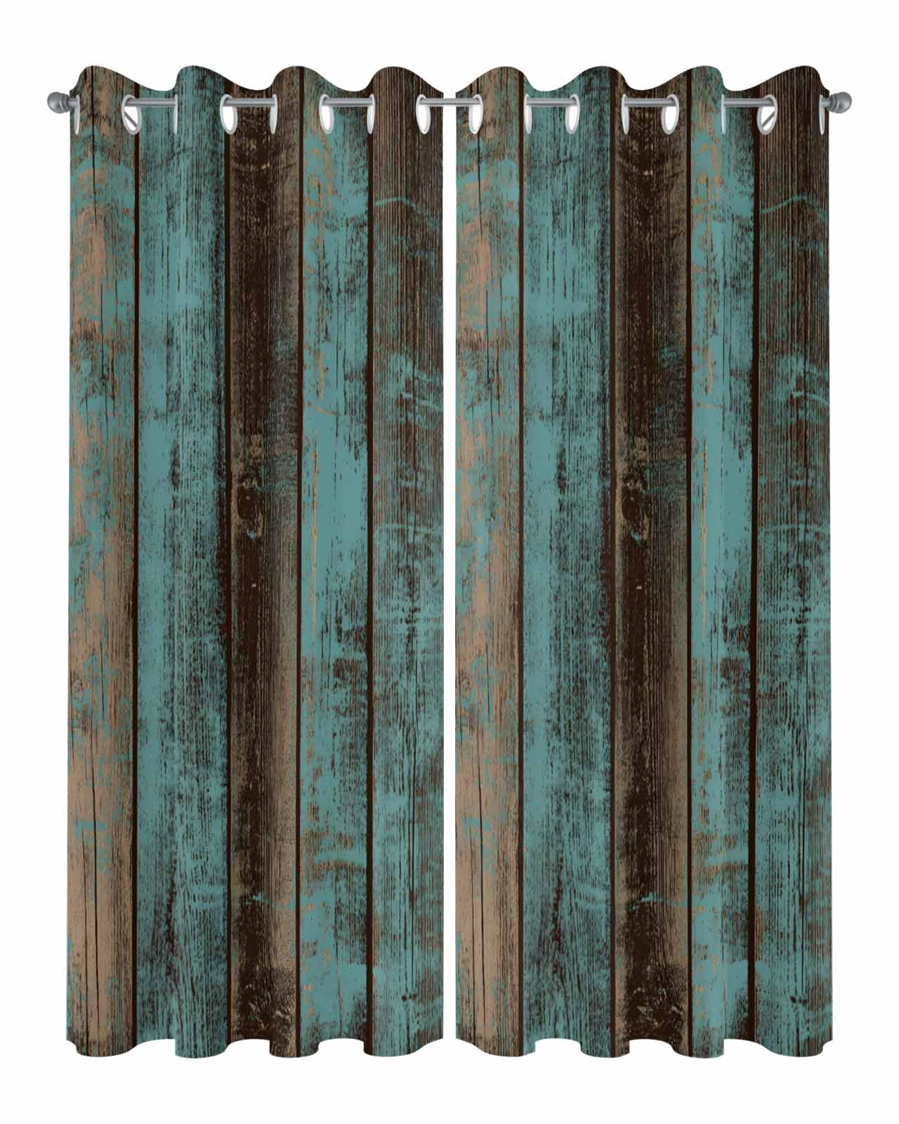 Waterproof Outdoor Curtains for Patio Porch, Farm Vintage Ombre Teal Wood Grain Grommet Curtain Panel Windproof Outside Curtains Tieback, Country Old Board Weighted Window Treatment Drapes
