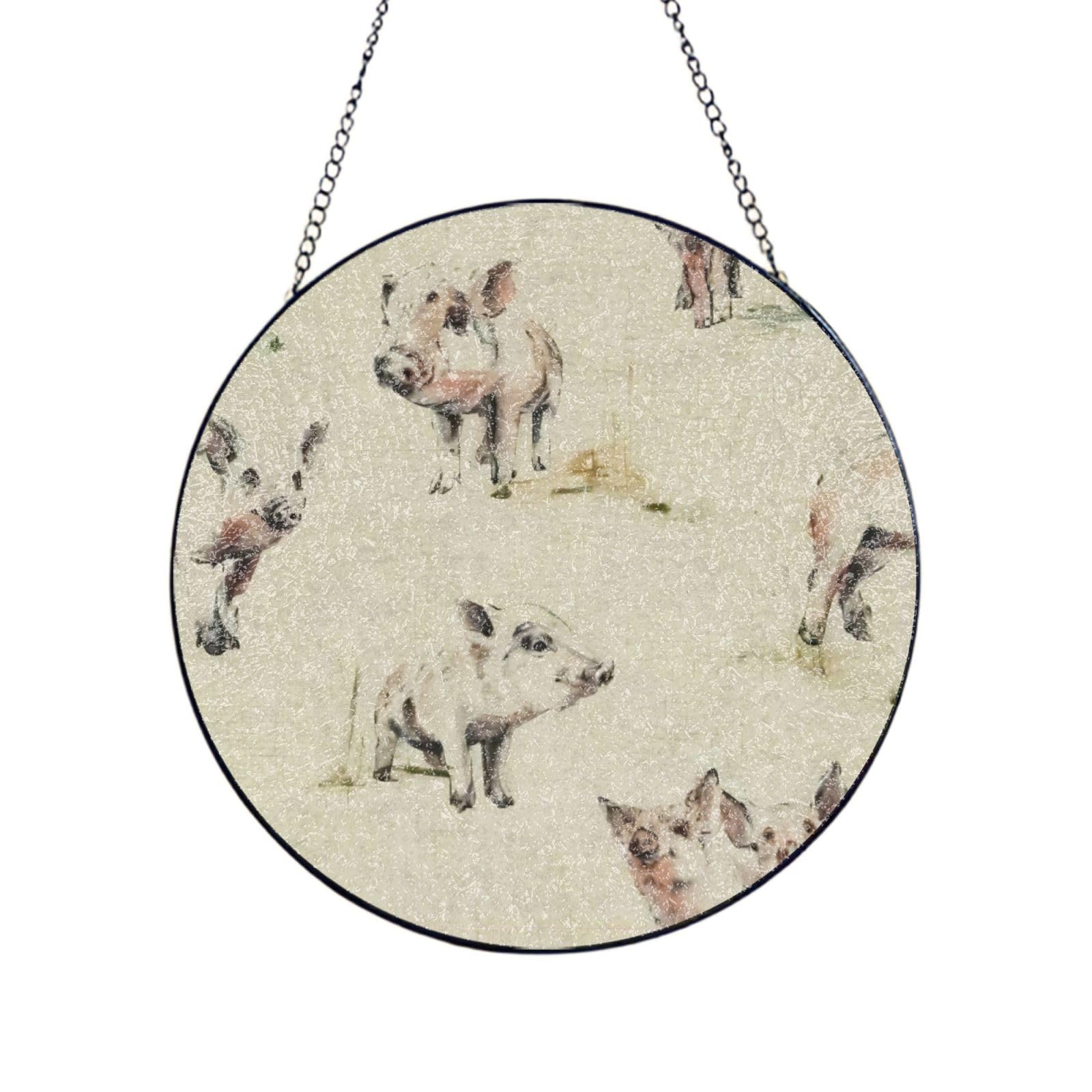 Phayah Pig Background Print Glass Window Hanging Round Suncatcher Glass Ornament Garden Wall Fence Decorations Indoor Outdoor 12in（30cm）