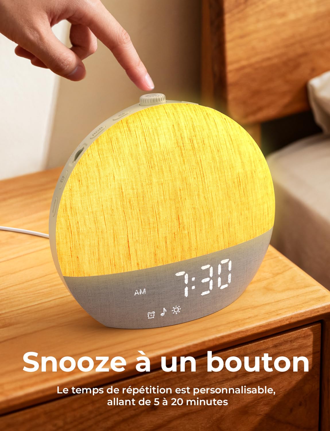 LIORQUE Reveil Lumineux Simulateur Aube, 30 Sons, Bluetooth, 17 Effets | Simulation 60min, Veilleuse 17 Effets 20 Niveaux, Minuteur 180min, Design Tissu, Ecran Extinction, Port Charge 5W