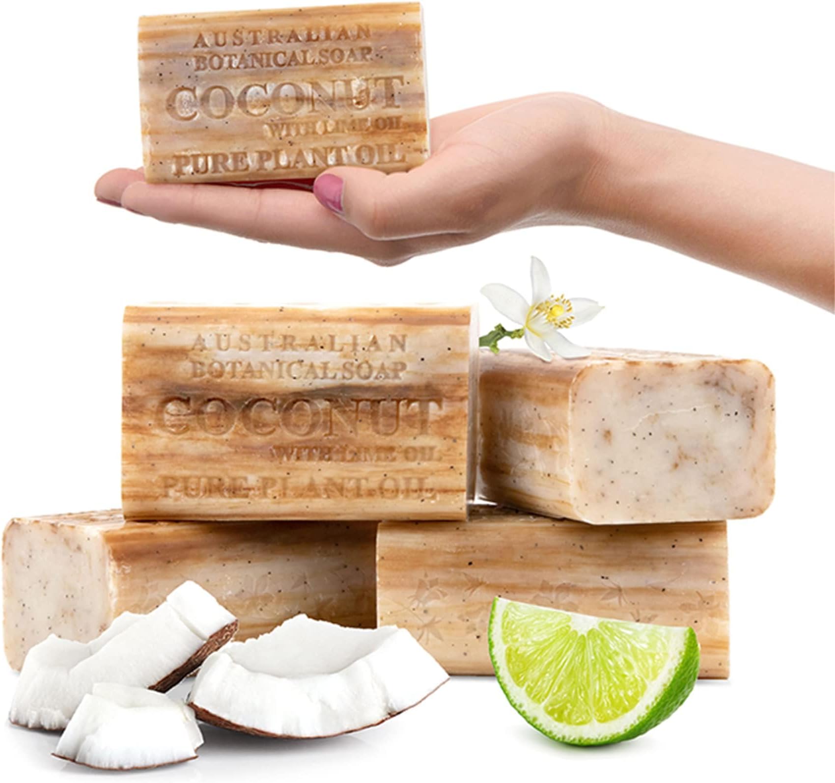 Australian Botanical Soap Coconut with Lime Oil 6.6 oz Luxury Soap Bars Enriched with Shea Butter, Pack of 4