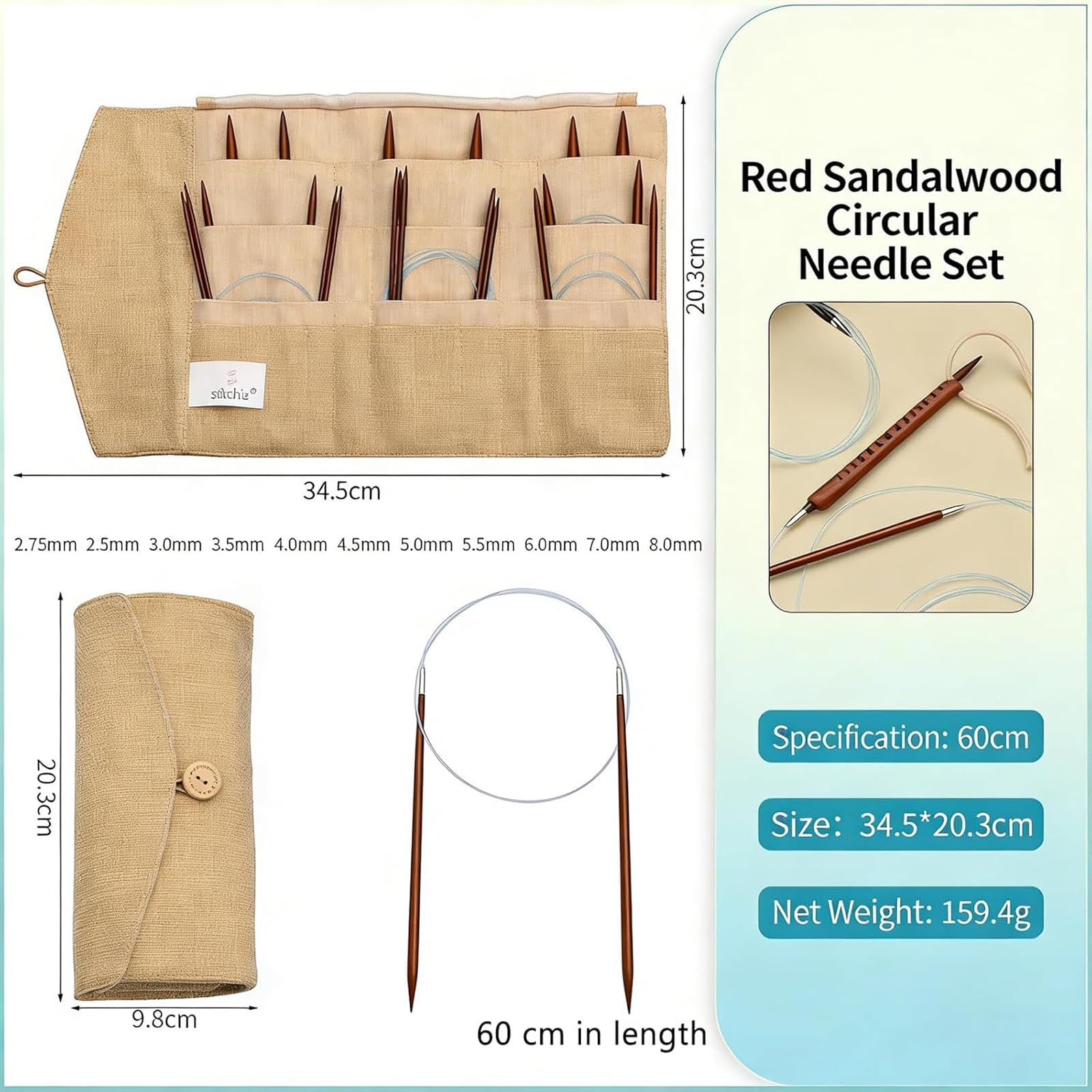 Juego de agujas de tejer circulares de palisandro, juego de 11 agujas de madera para tejer, incluye 11 agujas circulares, con bolsa de almacenamiento, suaves y flexibles, para tejer todo tipo de hilo