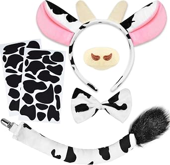 U-Zomir Cow Costume Set, Cow Ears Headband Nose Bow Tie Tail and 34pcs Adhesive Felt Pads Stickers for Halloween Cosplay DIY Dress Up Pink