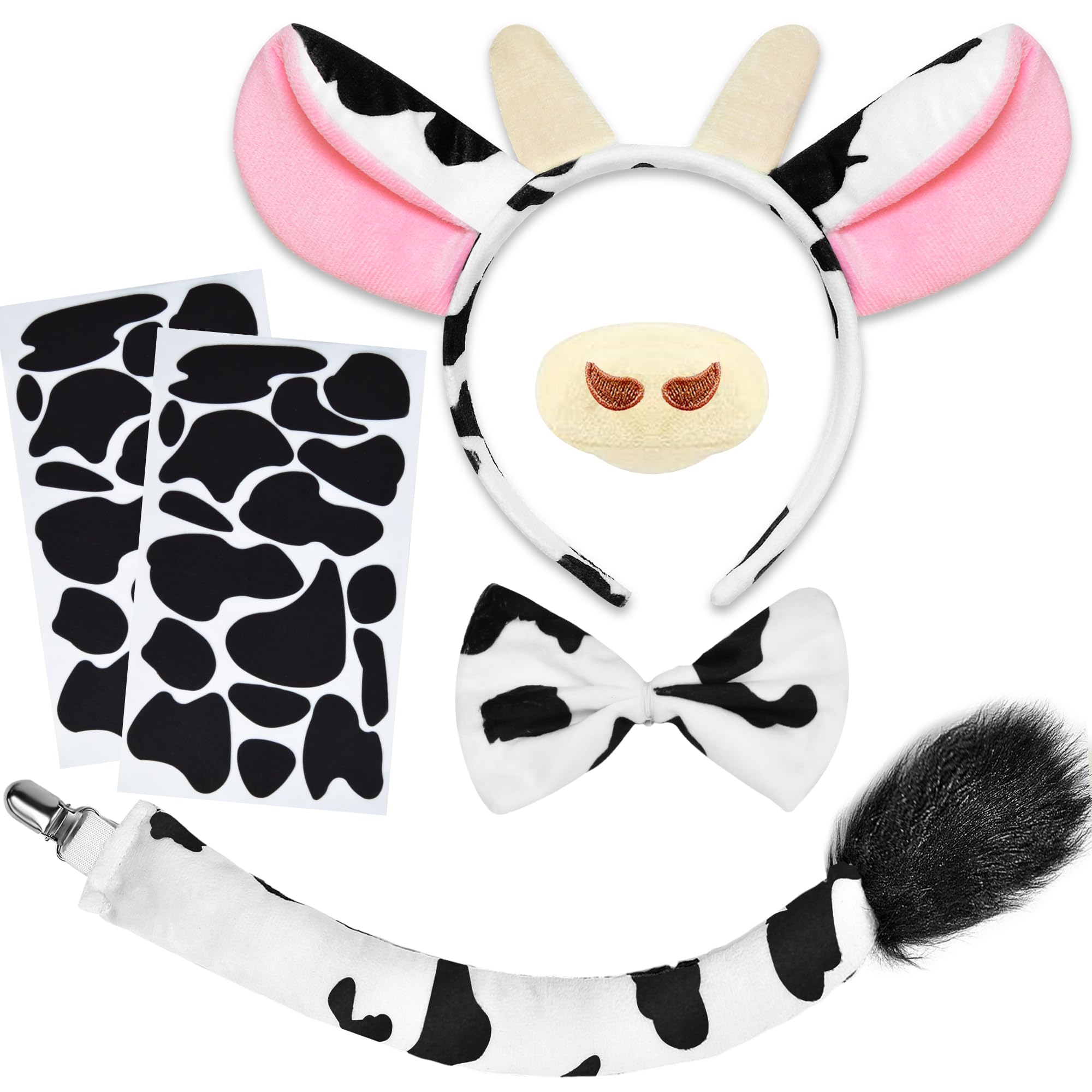 U-ZomirCow Costume Set, Cow Ears Headband Nose Bow Tie Tail and 34pcs Adhesive Felt Pads Stickers for Halloween Cosplay DIY Dress Up (Pink)