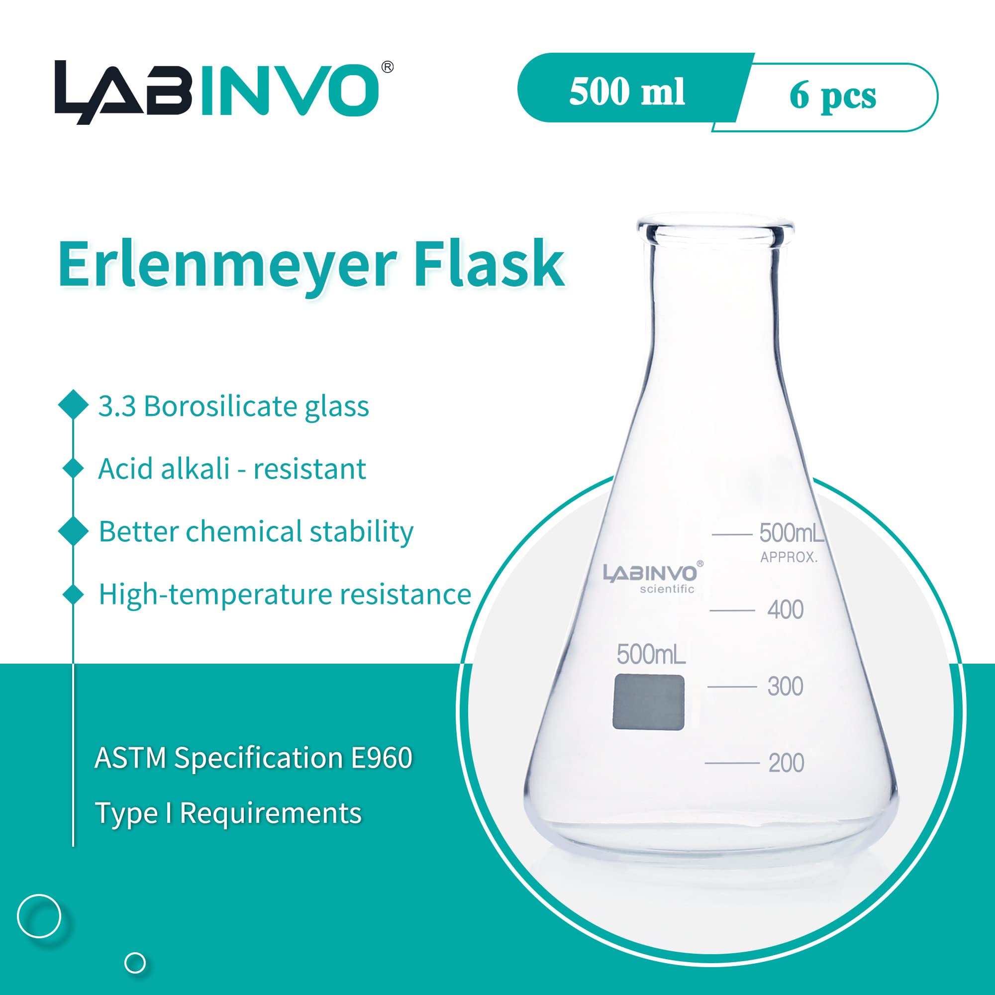 Bocca stretta graduata vetro Erlenmeyer Flask, con marcatura macchia, 6pcs di Vol.500ml, 3.3 vetro borosilicato, IN-EFN500
