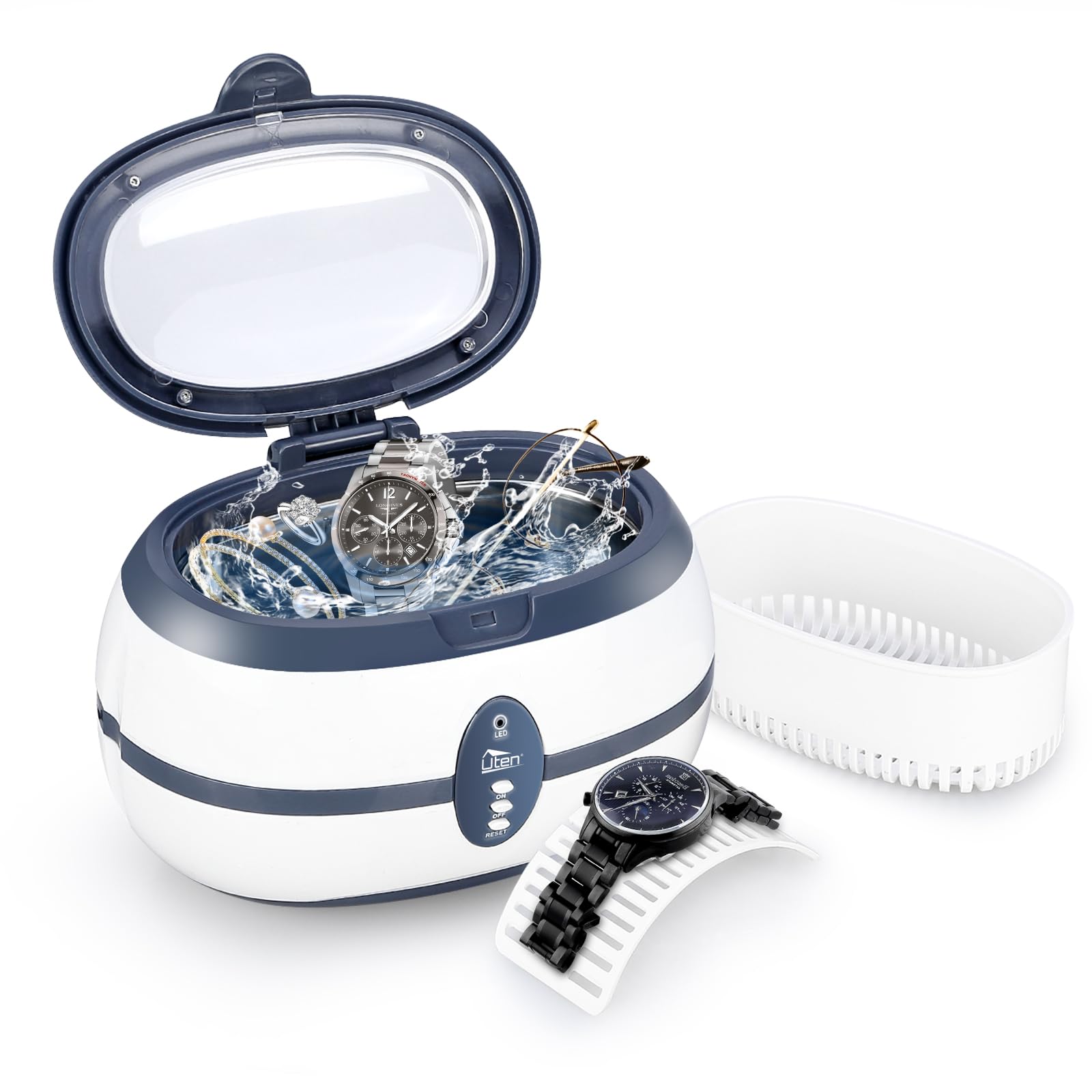 Uten Nettoyeur à Ultrasons 600ML Appareil Nettoyeur Domestique avec Panier Nettoyage et Support Automatique pour Nettoyage Bijoux Lunette Dentier CD