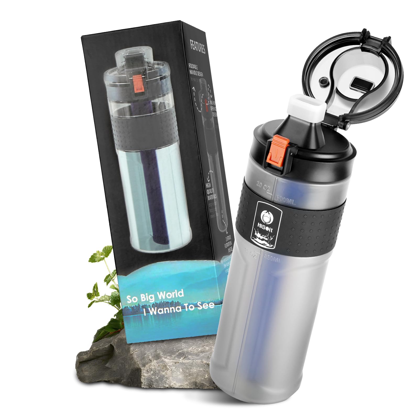 HOTUT Outdoor Wasserfilter Flasche, 650 ml Trinkwasserfilter flasche, Trinkflasche mit entnehmbarem Filter, Wasserflasche filter für Wandern, Camping, Survival, Reisen