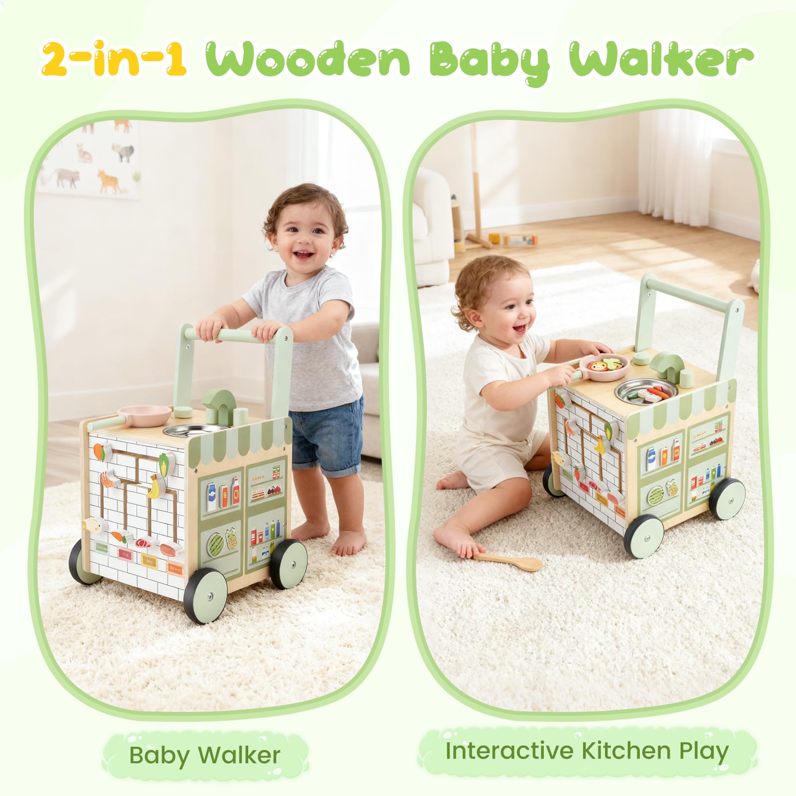 Andador Bebes, Andador Madera Bebé Desde 12 meses - con Centro de Actividades (Utensilio de Cocina, Pista de Laberinto de Frutas) Baby Walker Regalo ideal para niños y niñas de 1 a 3 años