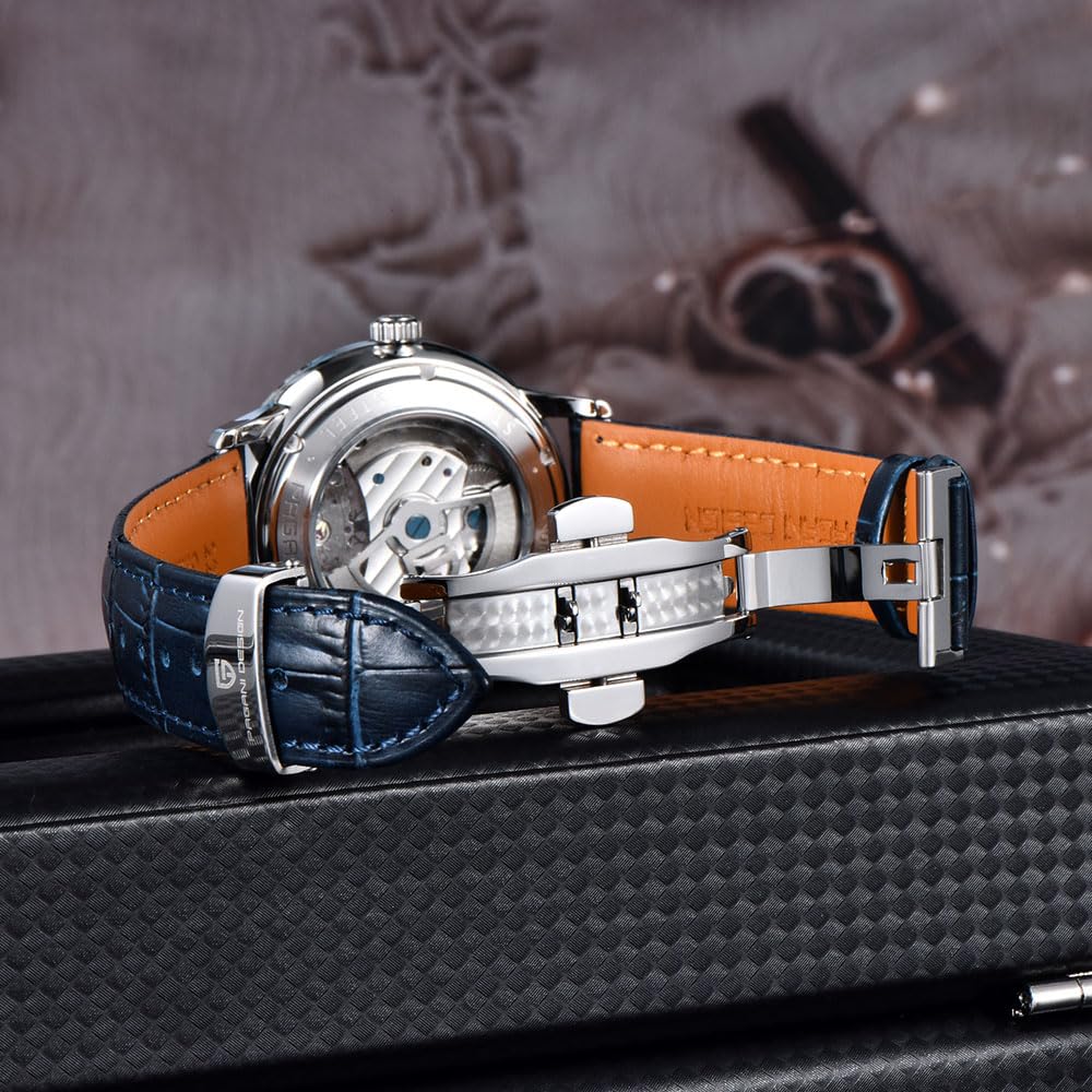 Pagani Design PD1796 Orologio automatico da uomo, cinturino in pelle, impermeabile, con cristallo zaffiro, alla moda, con tourbillon, orologio meccanico