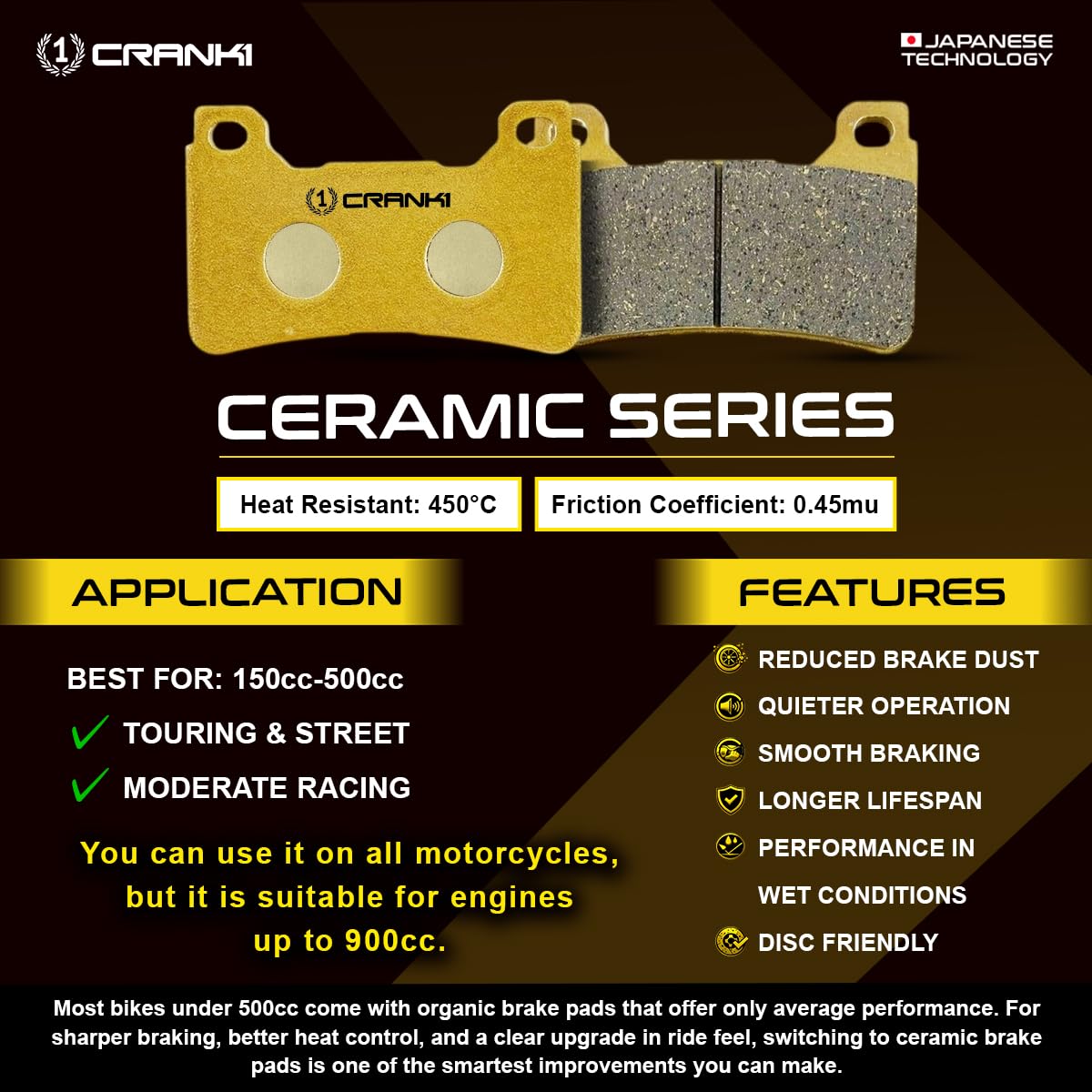 CRANK ONE Ceramic Brake Pads Compatible For Yezdi Adventure (2022-2025) | Rear | CRM359 | 1 Set | Smooth Braking | Heat Resistant | Long Life | Disc Friendly 2