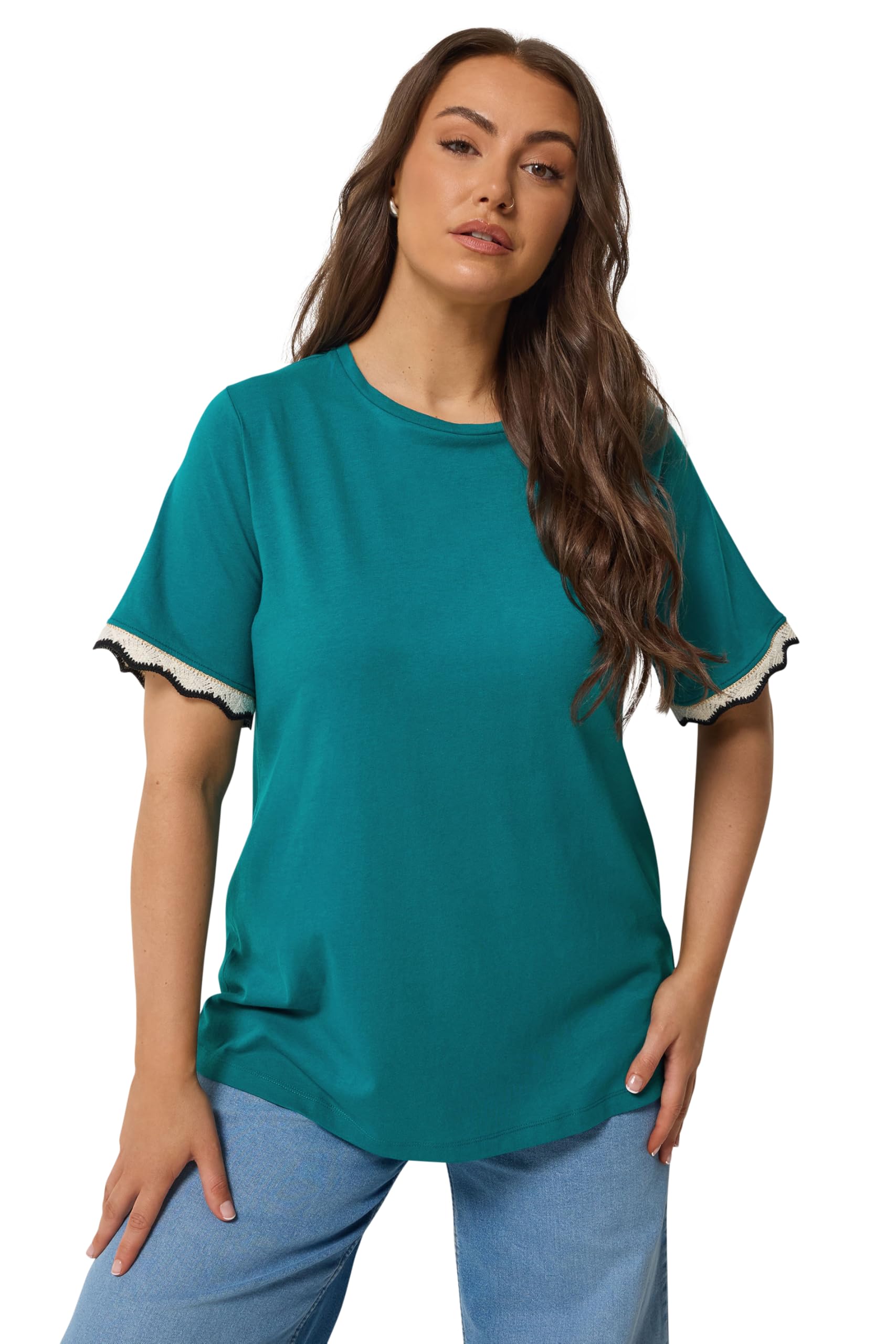 Yours Women's Metallic Crochet Trim T-Shirt in Teal | Size: 18