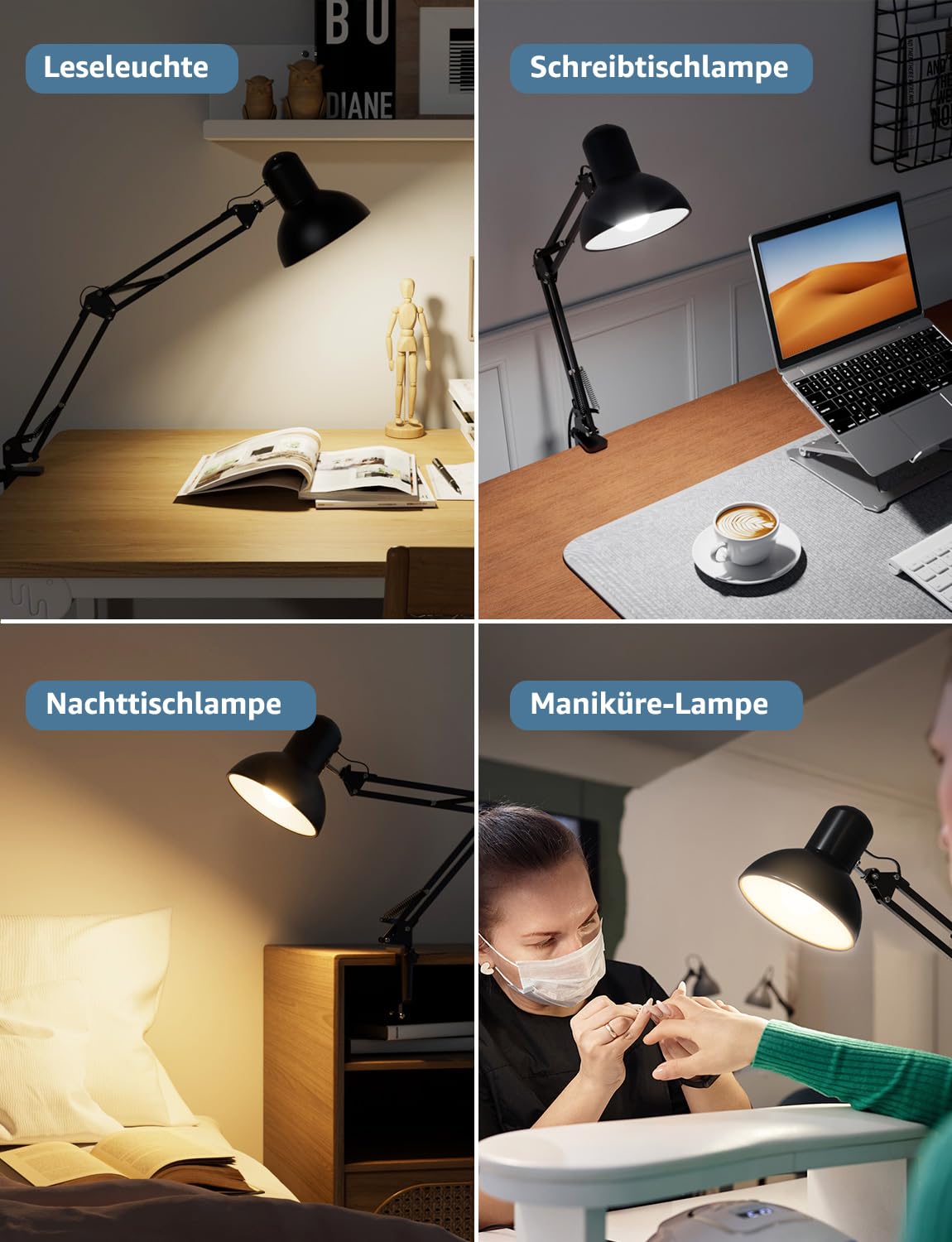 Lepro Schreibtischlampe Retro, Klemmbare Tischlampe E27, LED Büro Leselampe Nachttischlampe Verstellbare, Gelenk-Arm, schwenkbar, Tageslichtlampe Schreibtisch leuchte, HxBxT: 38 x 15 x 27cm, Schwarz