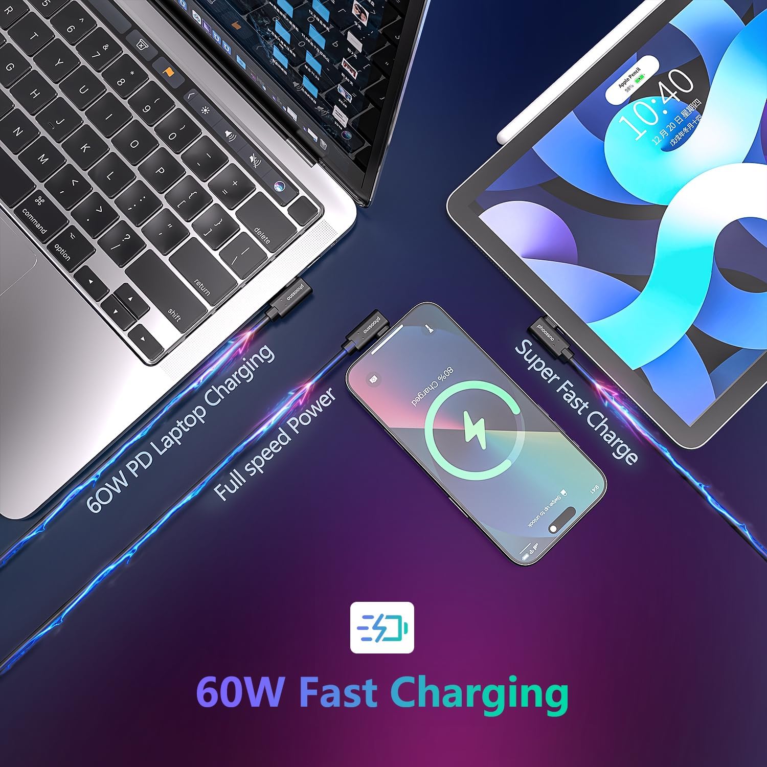 phoossno USB C Cable de fibra óptica 5m derecho, bidireccional 10Gbps Transmisión&60W carga rápida, cable de amarre USB C de grado militar compatible con cámaras, VR&AR, computadoras portátiles ect