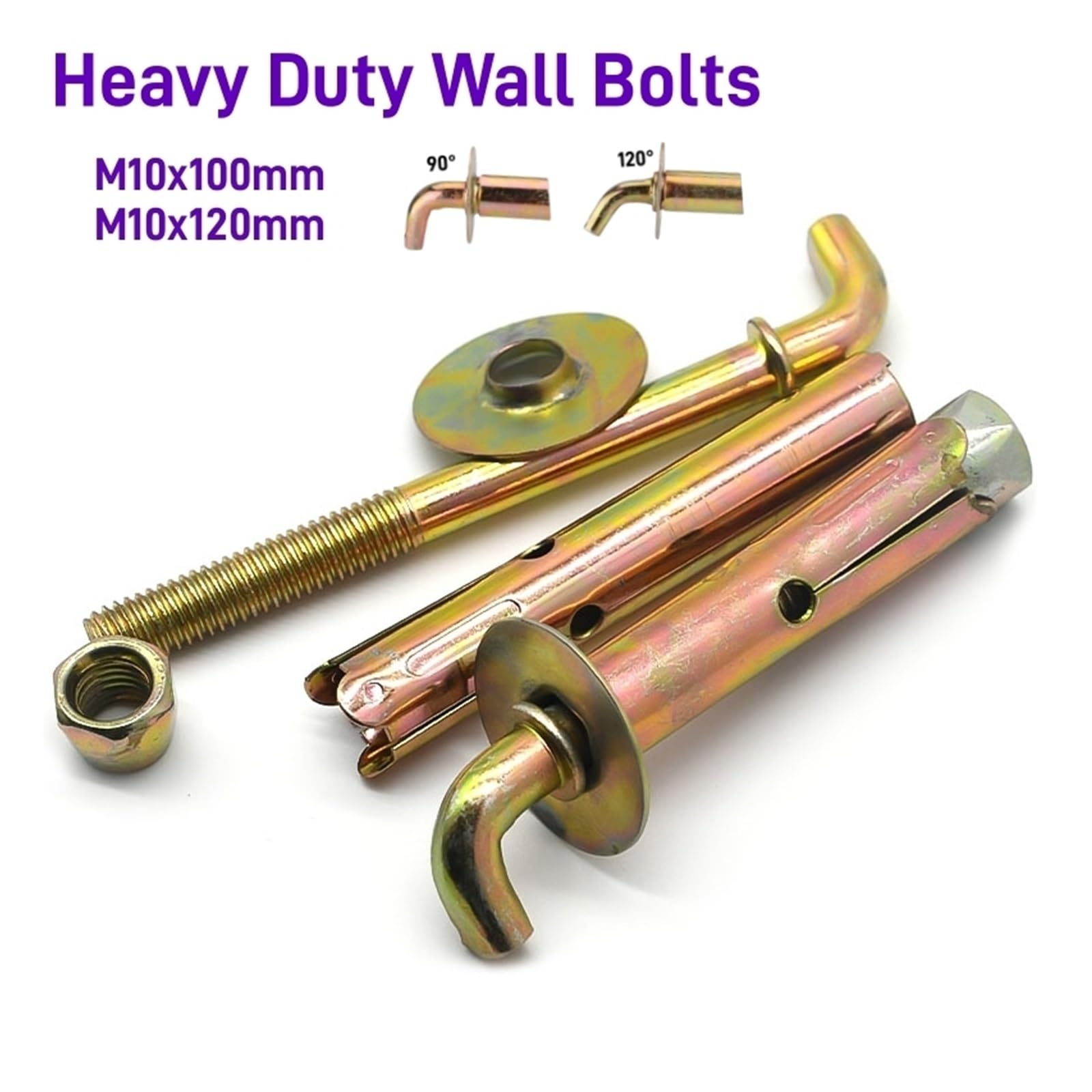 Perno de anclaje de gancho resistente, tornillo de expansión de pared, acero al carbono, anclaje, gancho, caldera, hormigón, punto de anclaje, azulejos, M10 x 100/120 mm, 1 pieza (M10 x 120 mm (ángulo