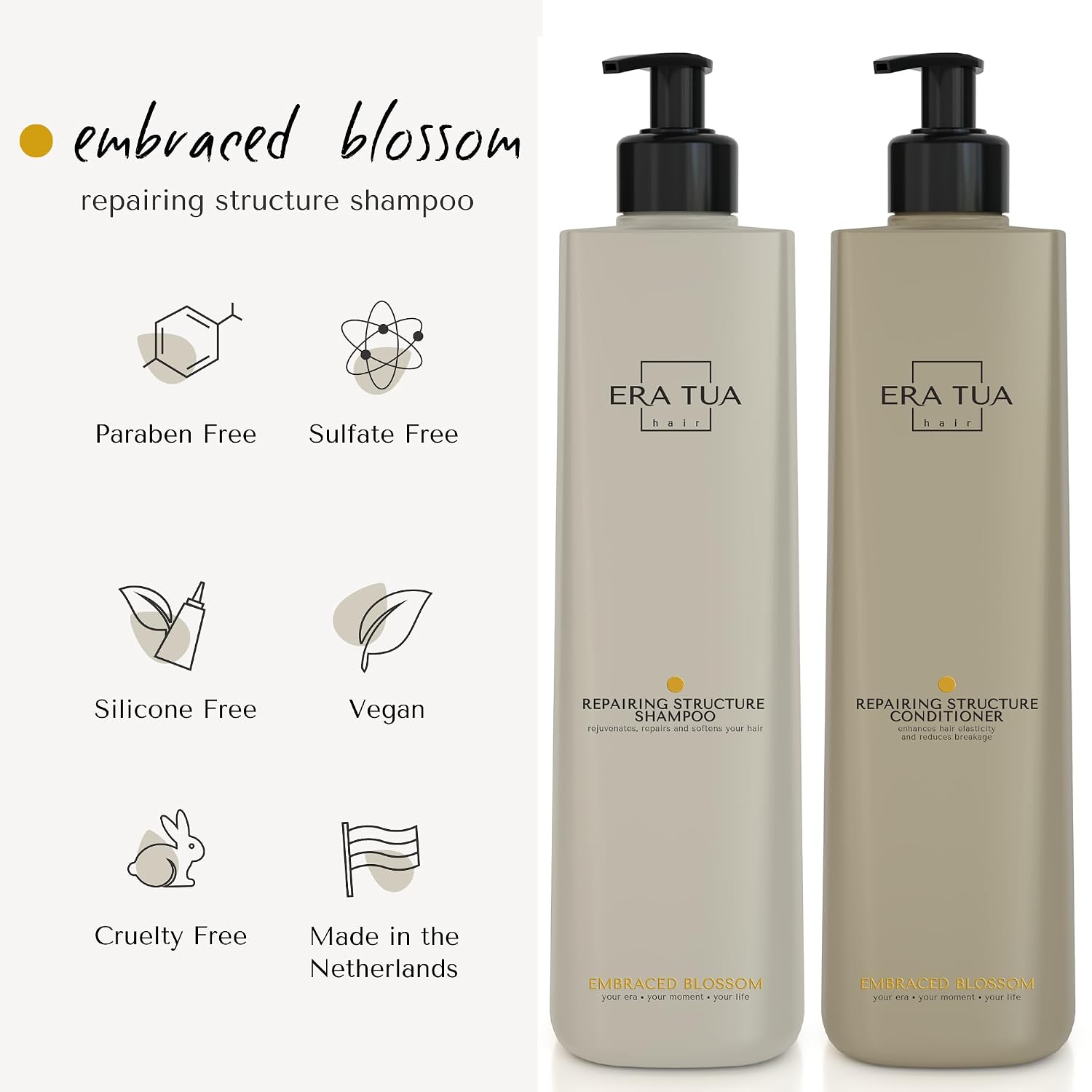 Embraced Blossom Repairing Shampoo, Conditioner & Shower Cream | Dutch Made & Formulated Repairing Duo for Damaged Hair | Sweet Scent of Neroli, Orange Blossom & Jasmine, 750ml, 750ml & 200ml