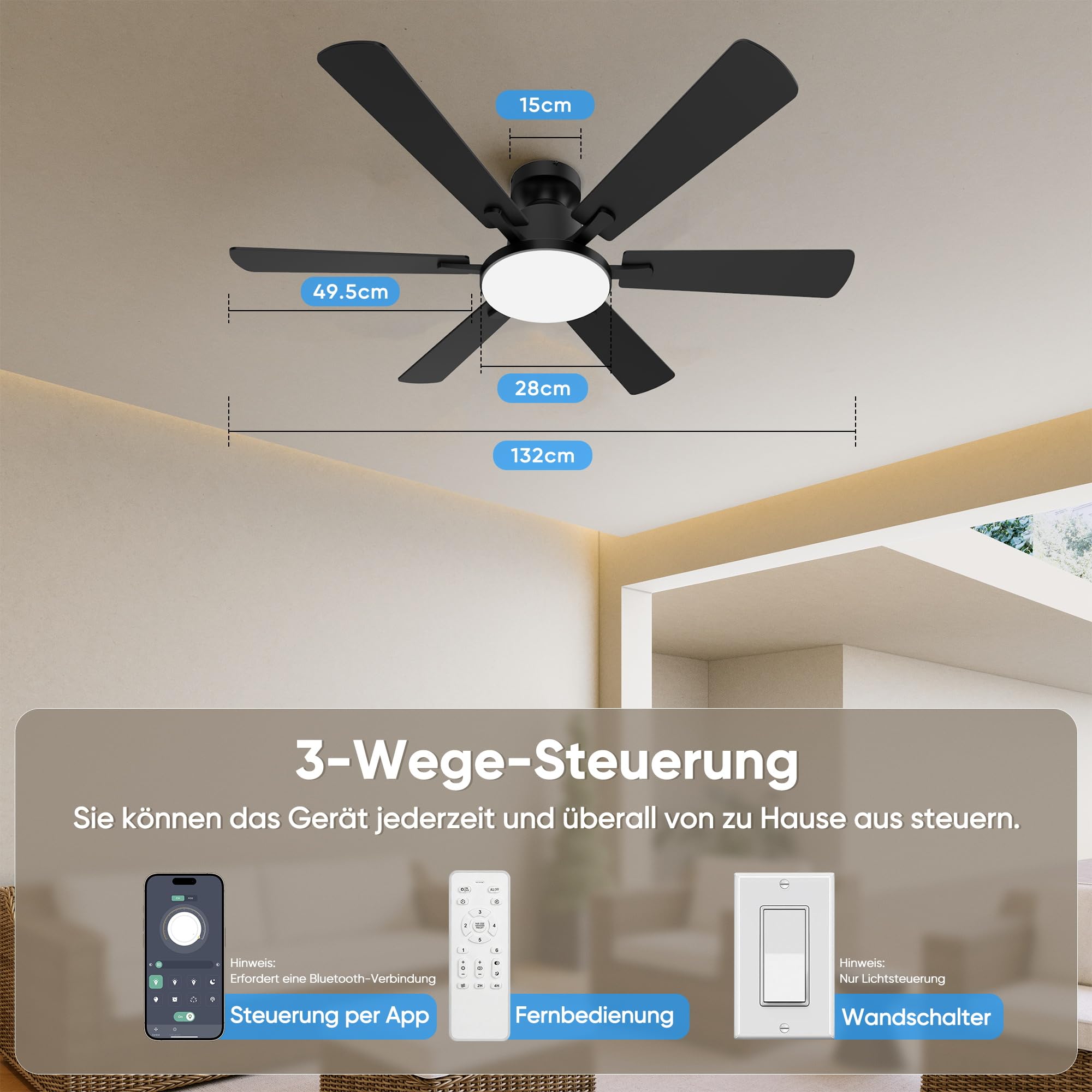 ROTTOGOON Deckenventilator mit Beleuchtung 132cm Leise Reversible DC Motor | Deckenventilator mit licht und fernbedienung, 6 Flügel 6 Gänge, 3CCT, Doppelseitige Flügel für Schlafzimmer Wohnzimmer