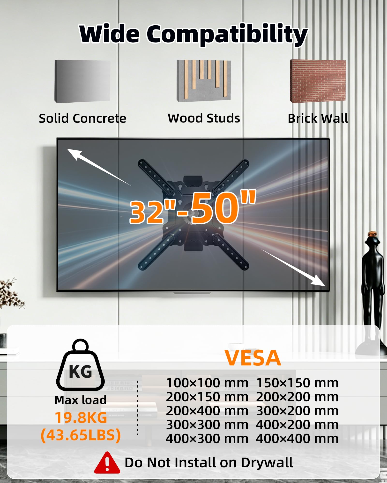 Support Mural TV Rotation 360°Portrait Paysage 32-50 Pouces,19,8kg